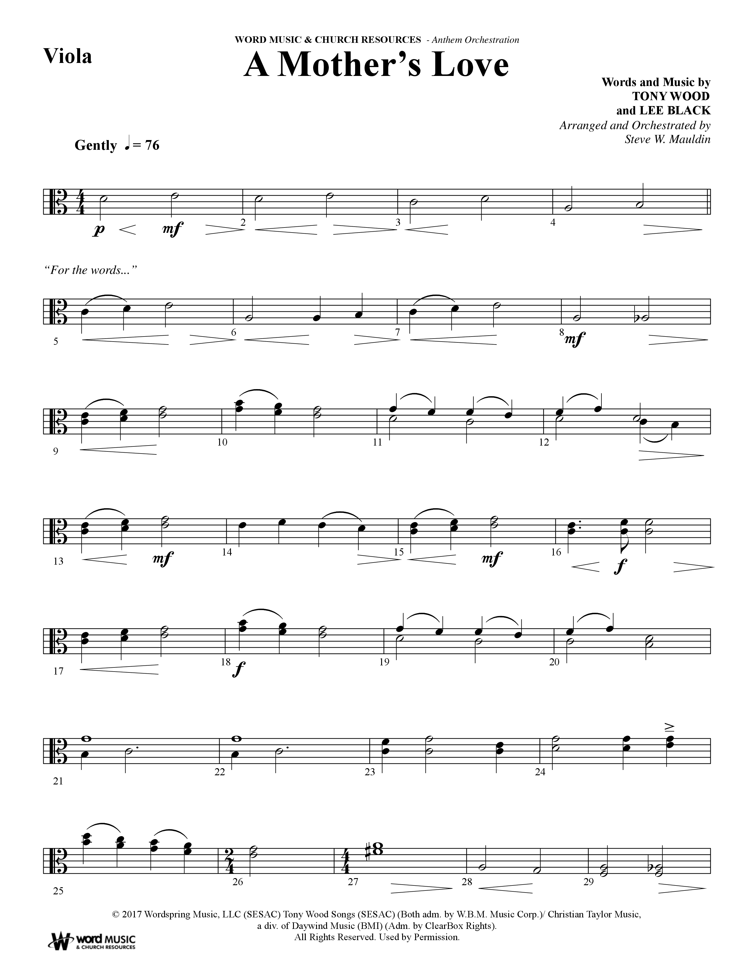 A Mothers Love (Choral Anthem SATB) Viola (Word Music Choral / Arr. Steve Mauldin)