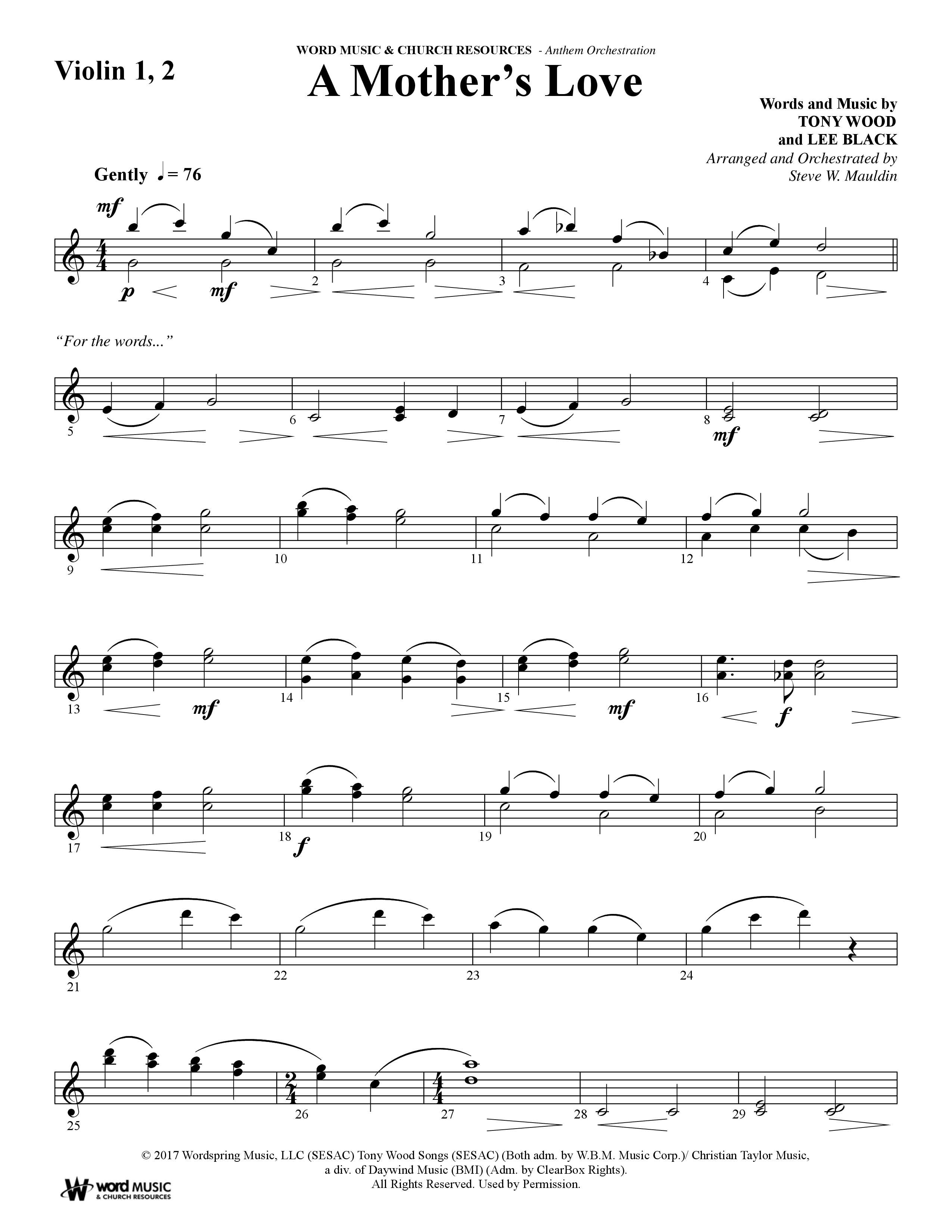 A Mothers Love (Choral Anthem SATB) Violin 1/2 (Word Music Choral / Arr. Steve Mauldin)