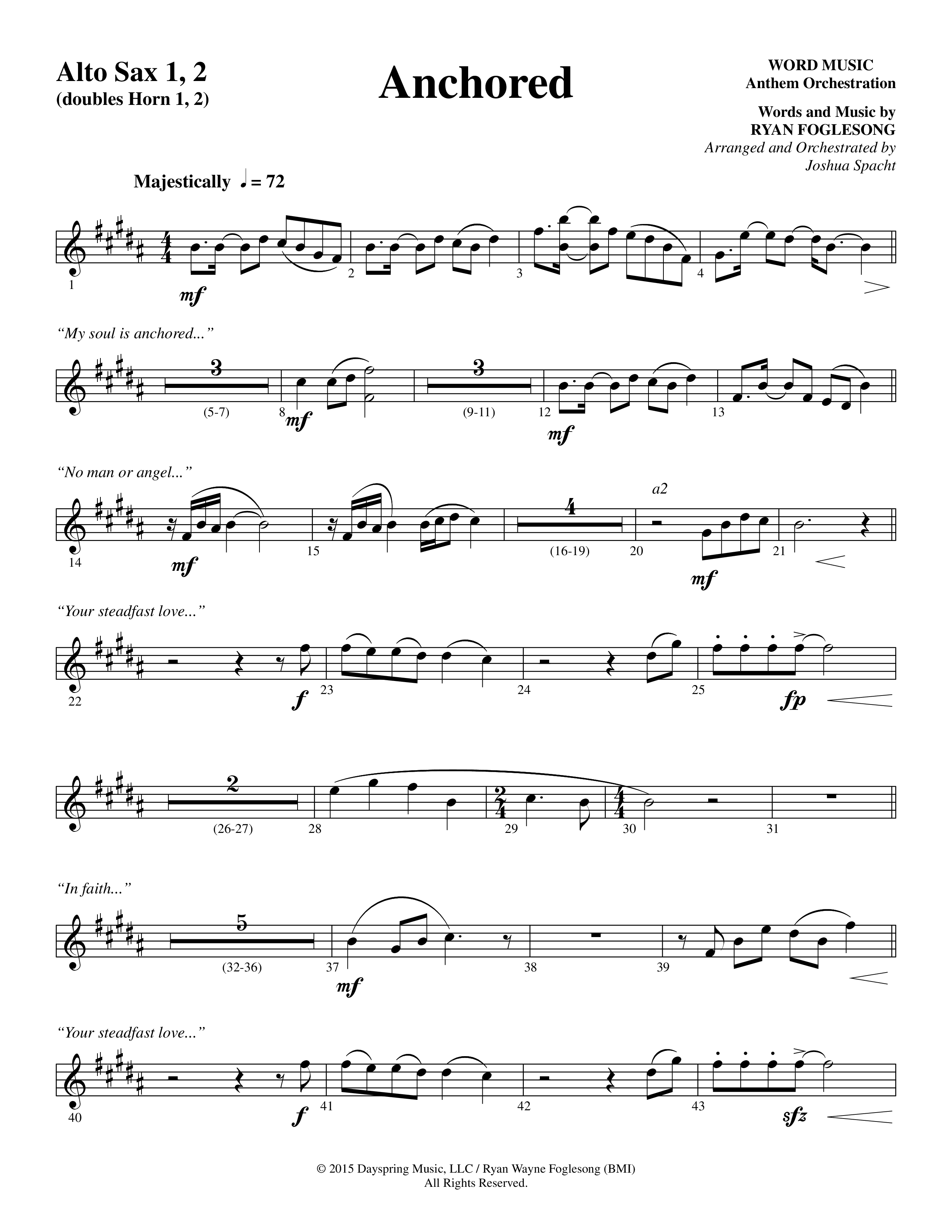 Anchored (Choral Anthem SATB) Alto Sax 1/2 (Word Music Choral / Arr. Joshua Spacht)