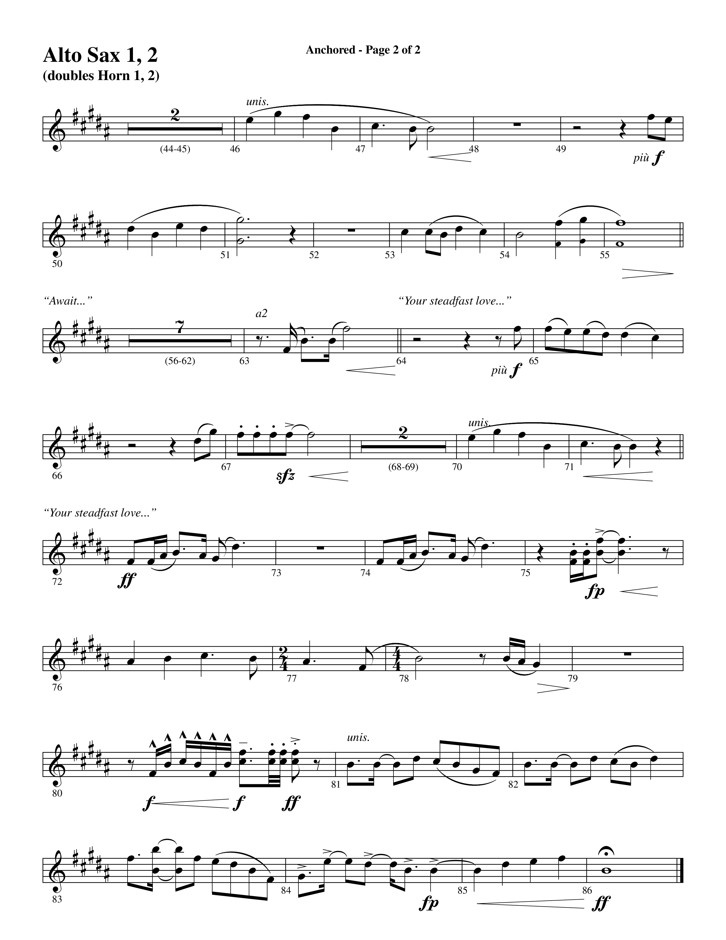 Anchored (Choral Anthem SATB) Alto Sax 1/2 (Word Music Choral / Arr. Joshua Spacht)