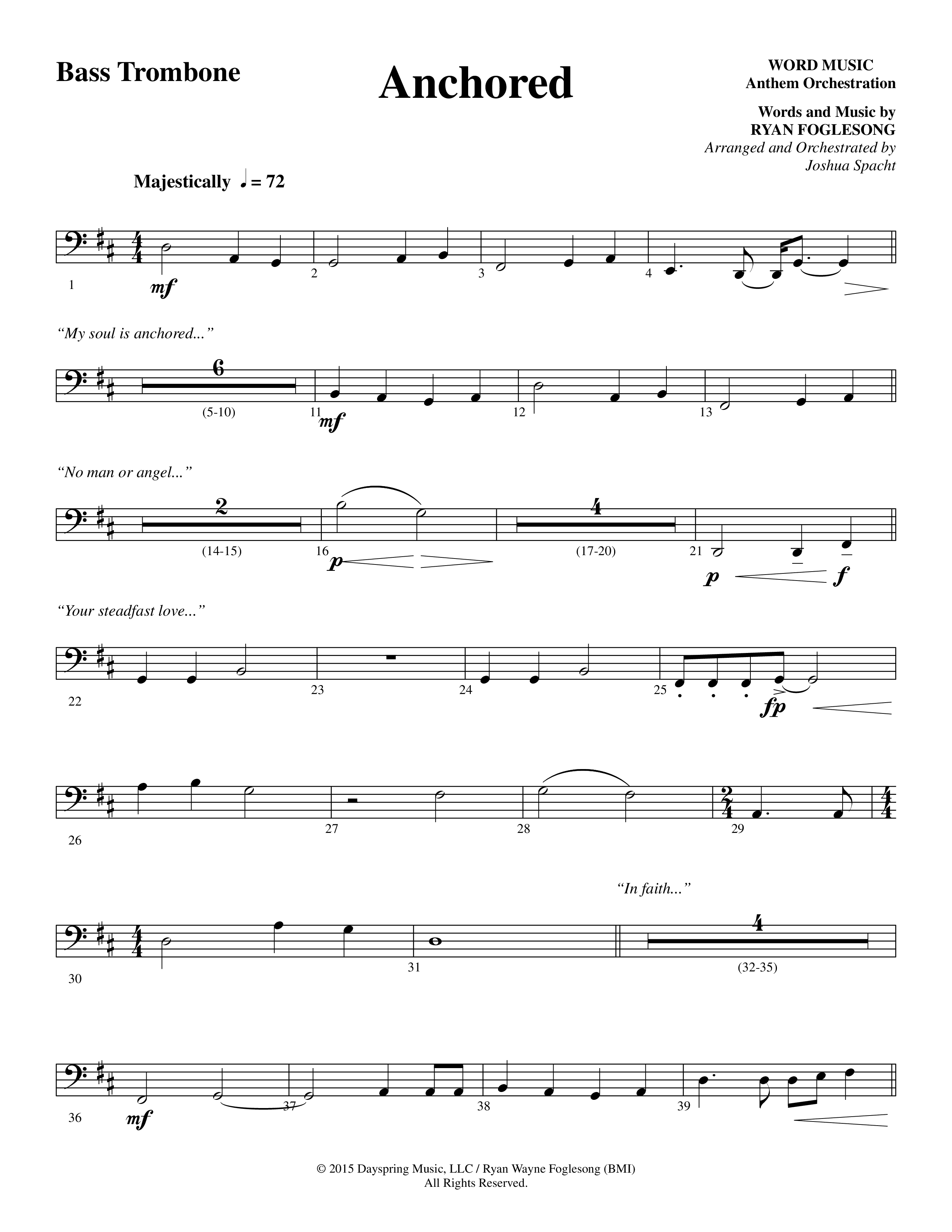 Anchored (Choral Anthem SATB) Bass Trombone (Word Music Choral / Arr. Joshua Spacht)