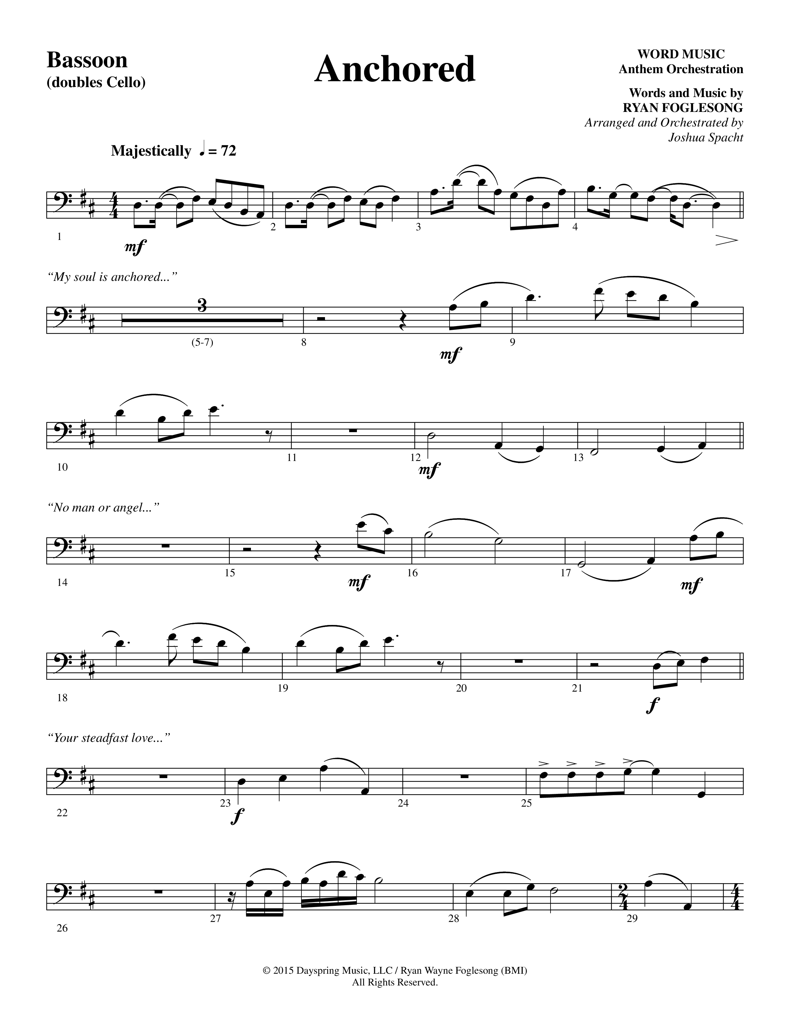 Anchored (Choral Anthem SATB) Bassoon (Word Music Choral / Arr. Joshua Spacht)