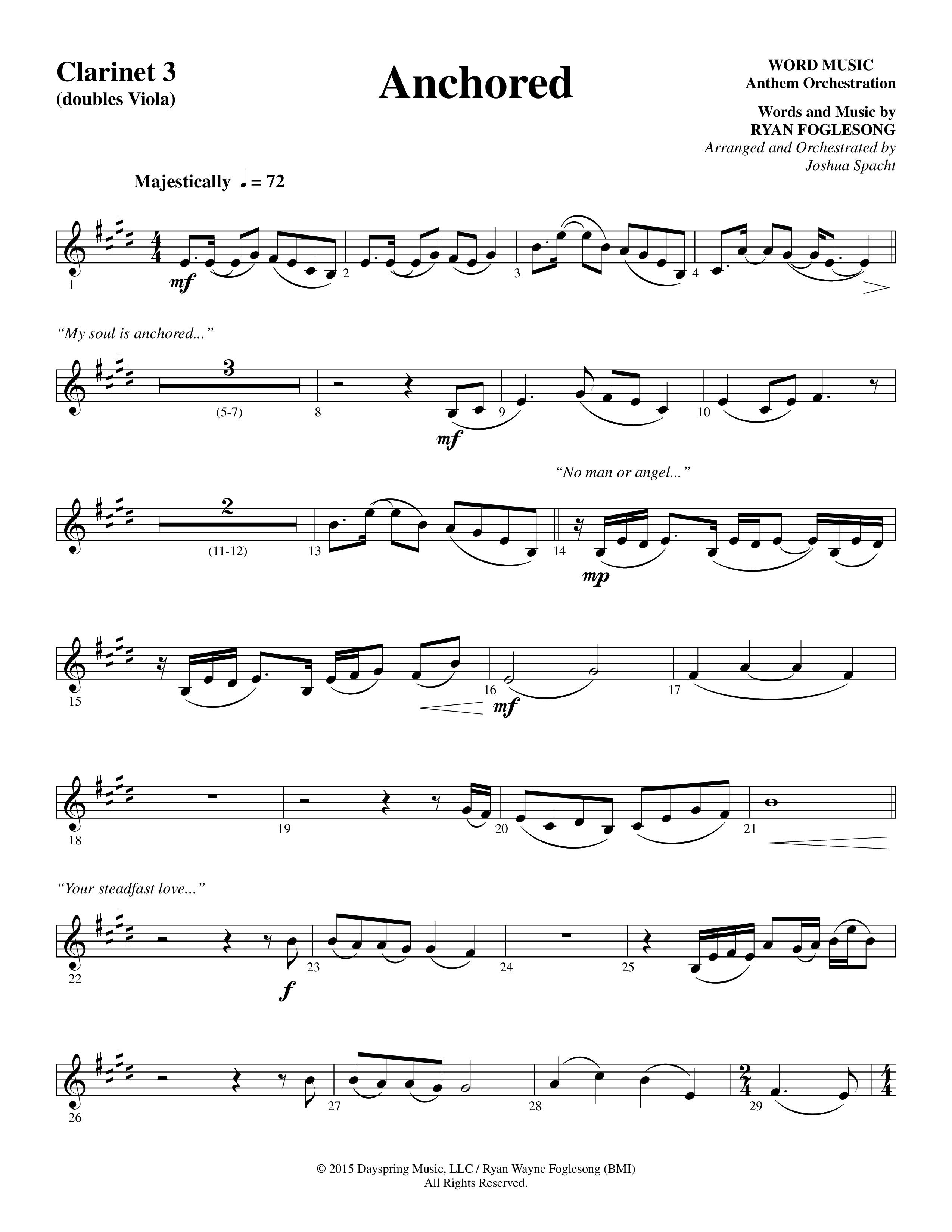 Anchored (Choral Anthem SATB) Clarinet 3 (Word Music Choral / Arr. Joshua Spacht)