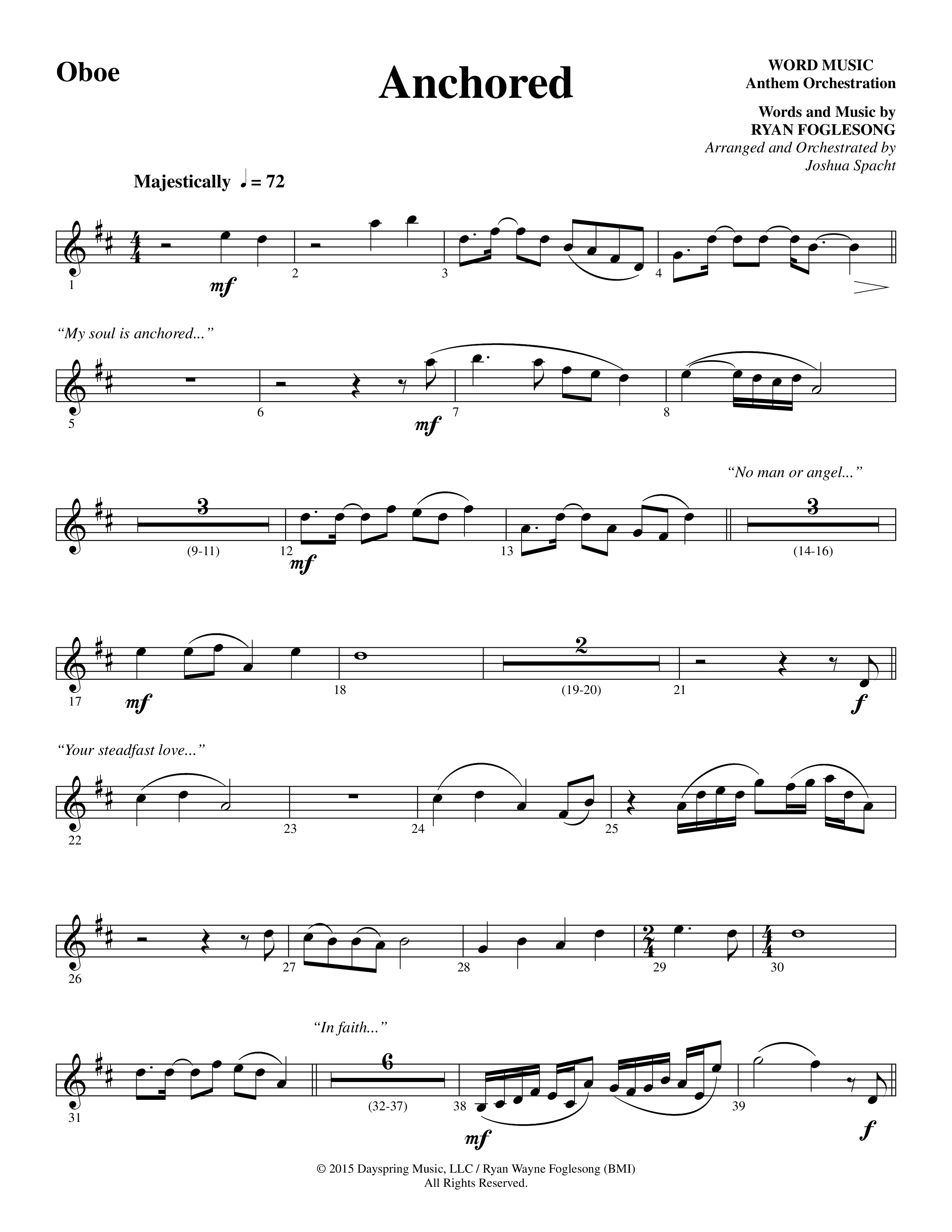 Anchored (Choral Anthem SATB) Oboe (Word Music Choral / Arr. Joshua Spacht)