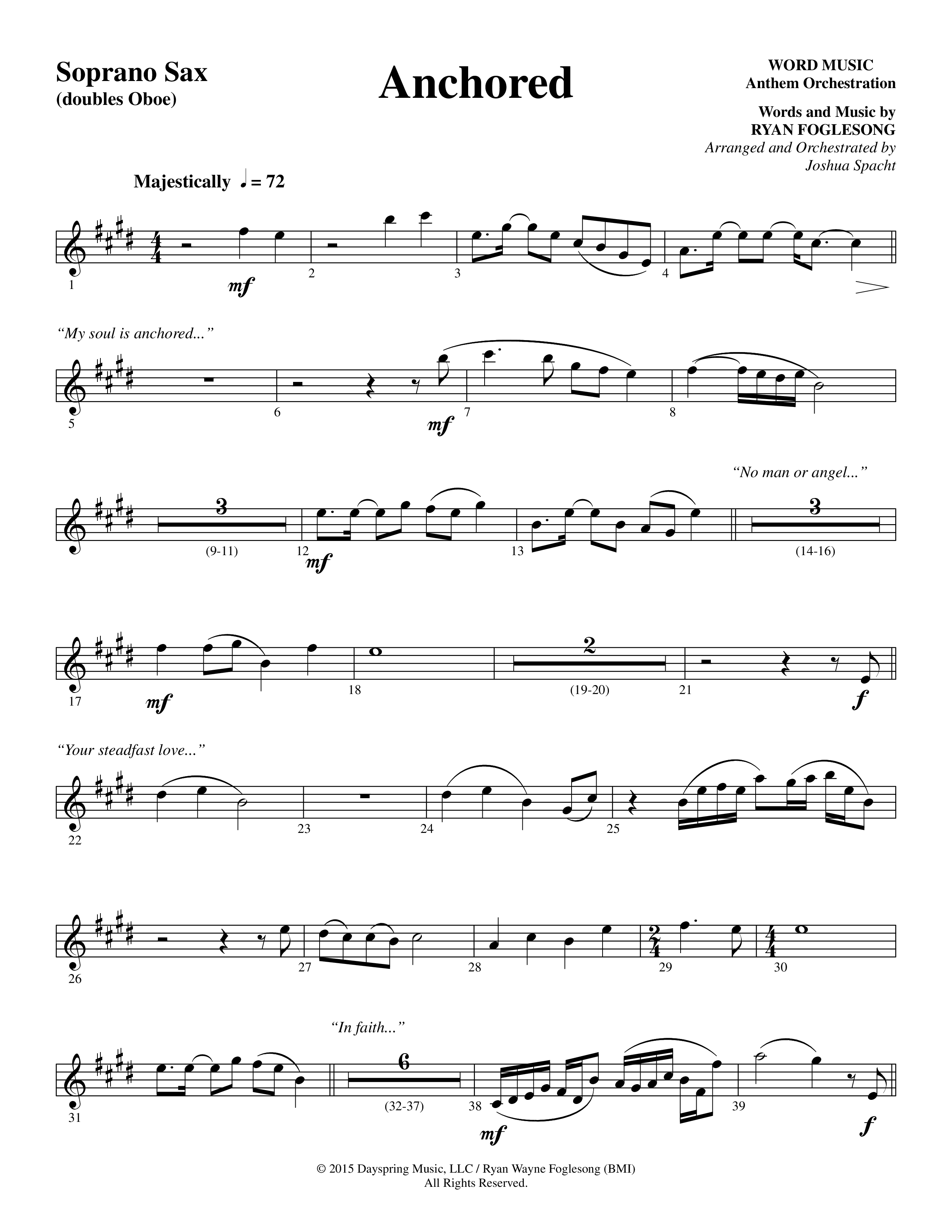 Anchored (Choral Anthem SATB) Soprano Sax (Word Music Choral / Arr. Joshua Spacht)