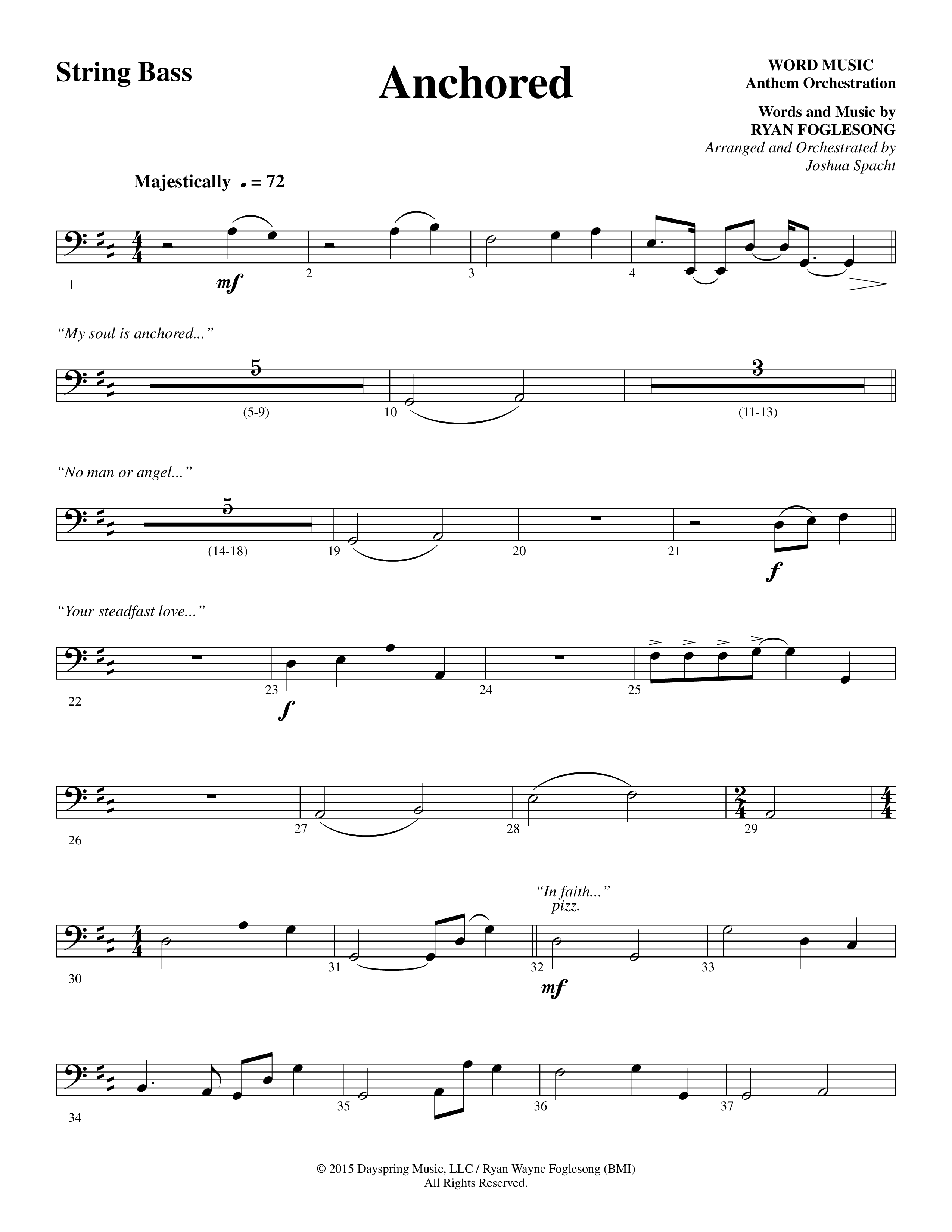 Anchored (Choral Anthem SATB) String Bass (Word Music Choral / Arr. Joshua Spacht)