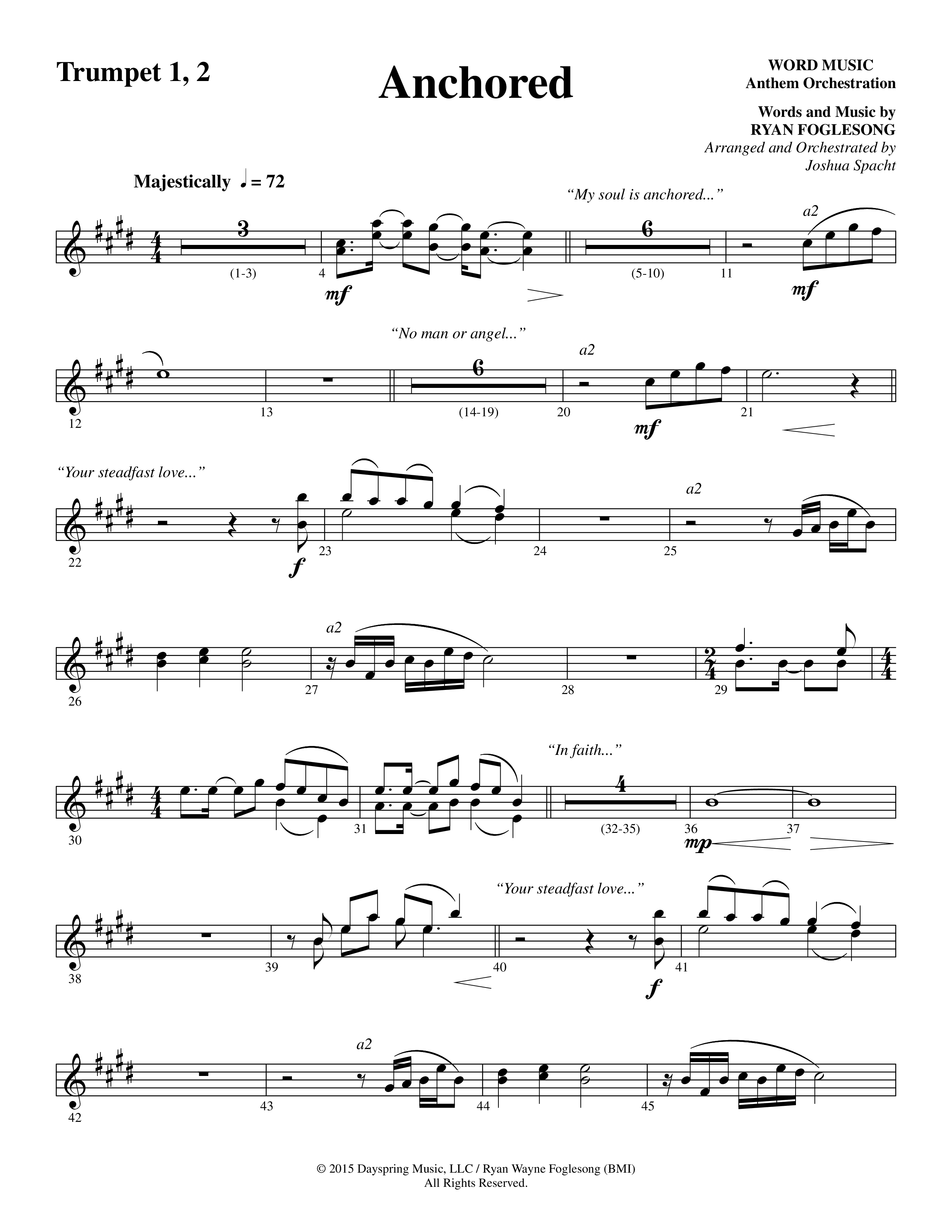 Anchored (Choral Anthem SATB) Trumpet 1,2 (Word Music Choral / Arr. Joshua Spacht)