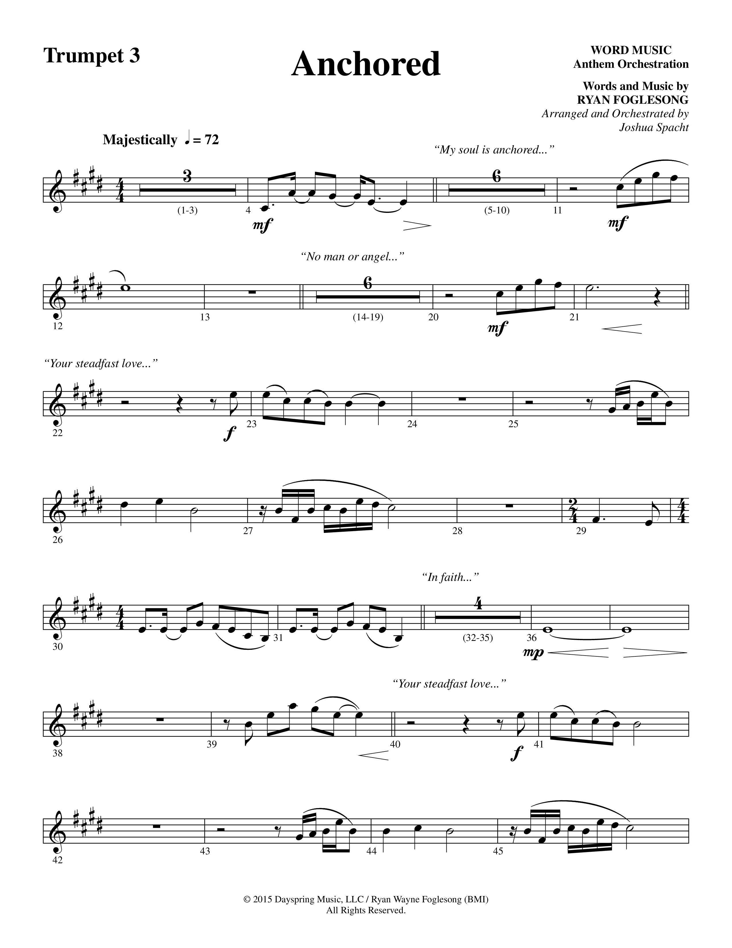 Anchored (Choral Anthem SATB) Trumpet 3 (Word Music Choral / Arr. Joshua Spacht)