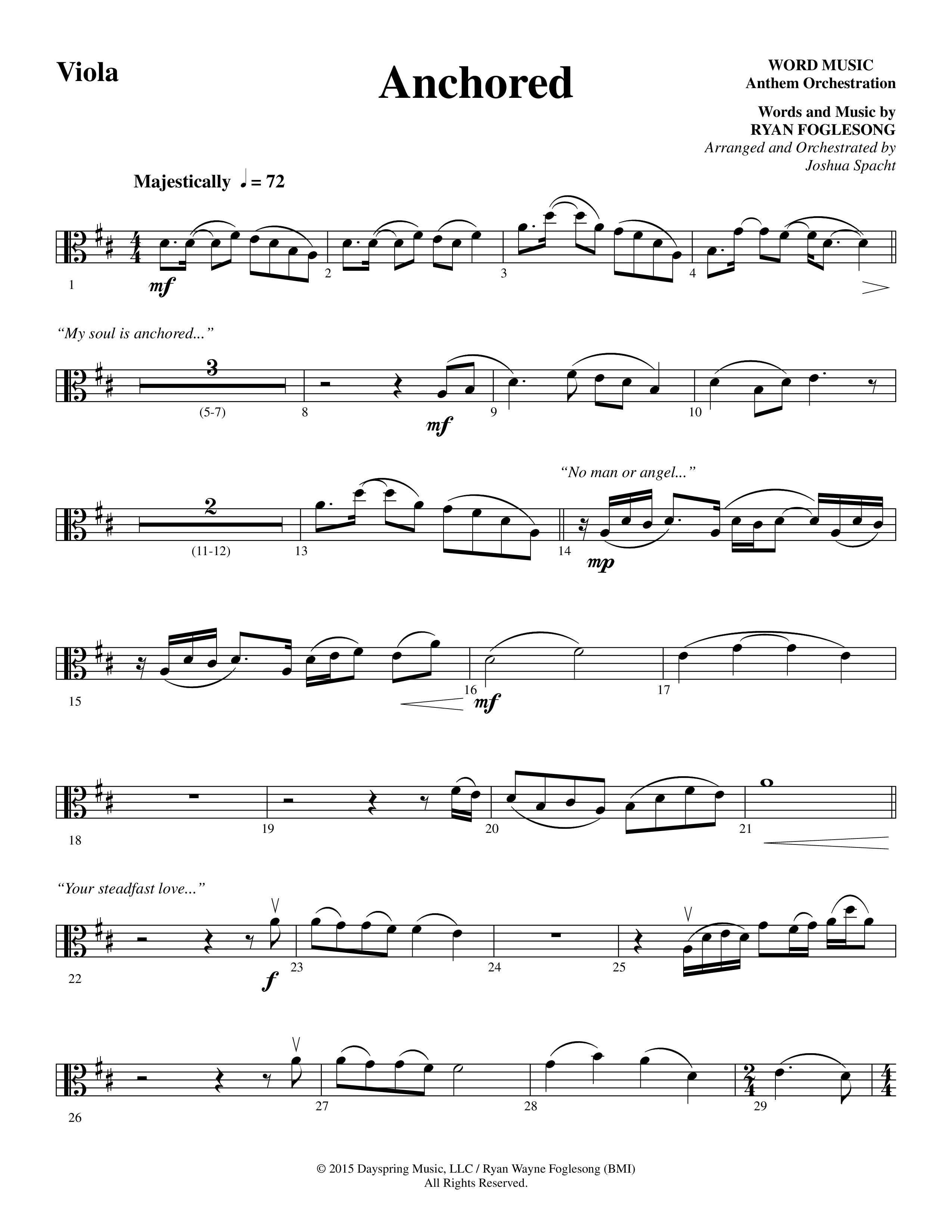 Anchored (Choral Anthem SATB) Viola (Word Music Choral / Arr. Joshua Spacht)