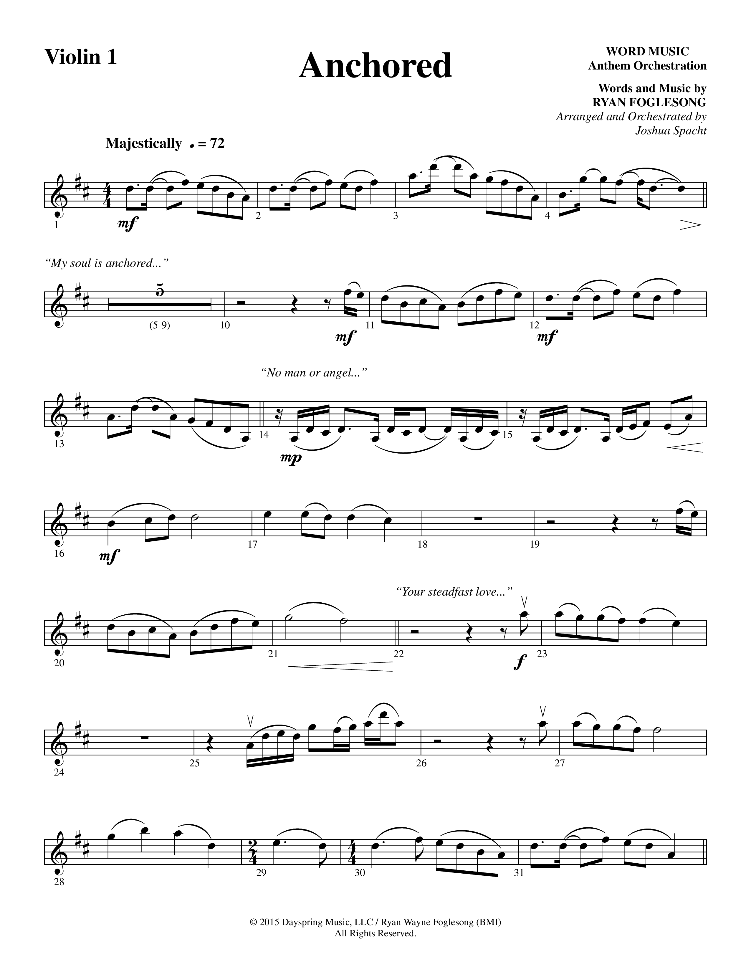 Anchored (Choral Anthem SATB) Violin 1 (Word Music Choral / Arr. Joshua Spacht)