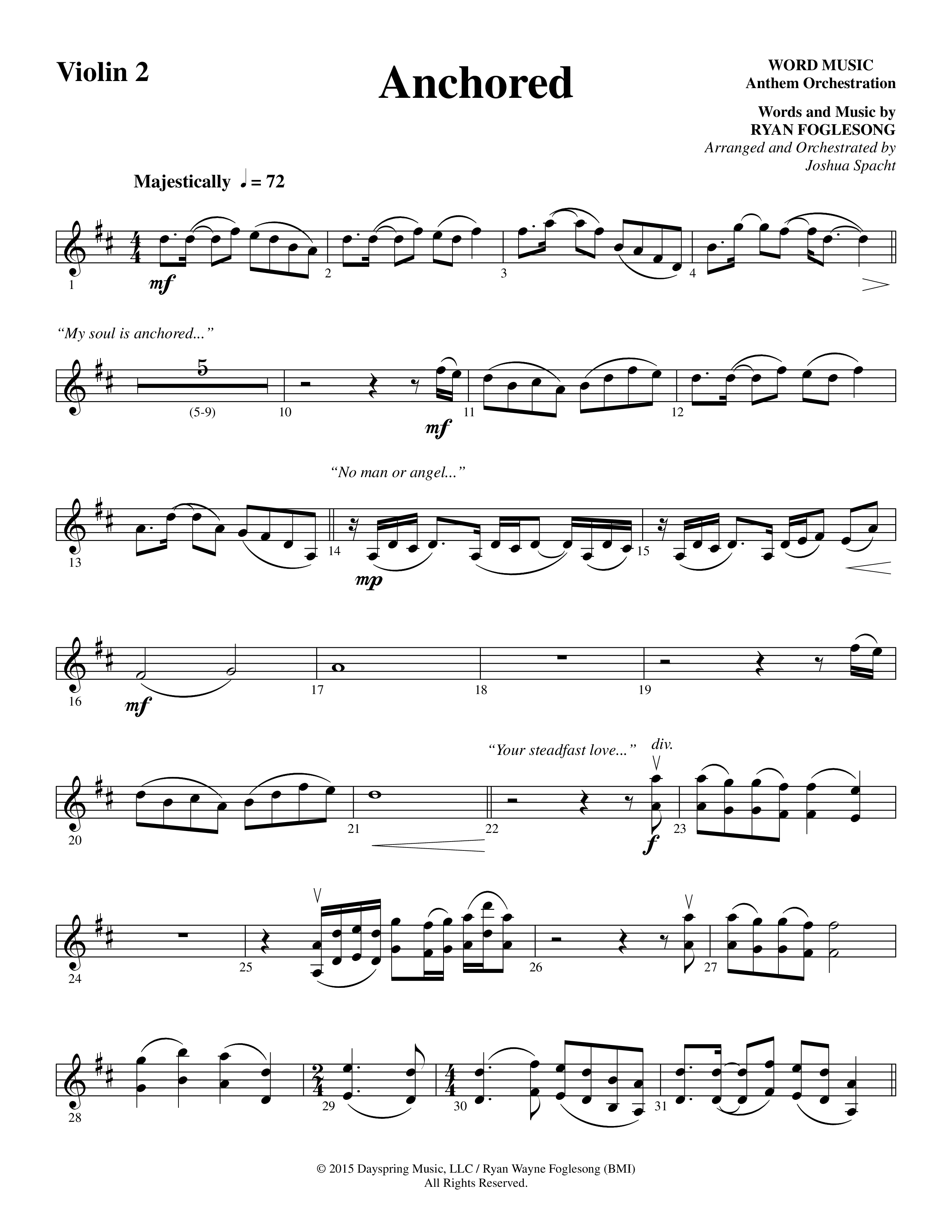 Anchored (Choral Anthem SATB) Violin 2 (Word Music Choral / Arr. Joshua Spacht)