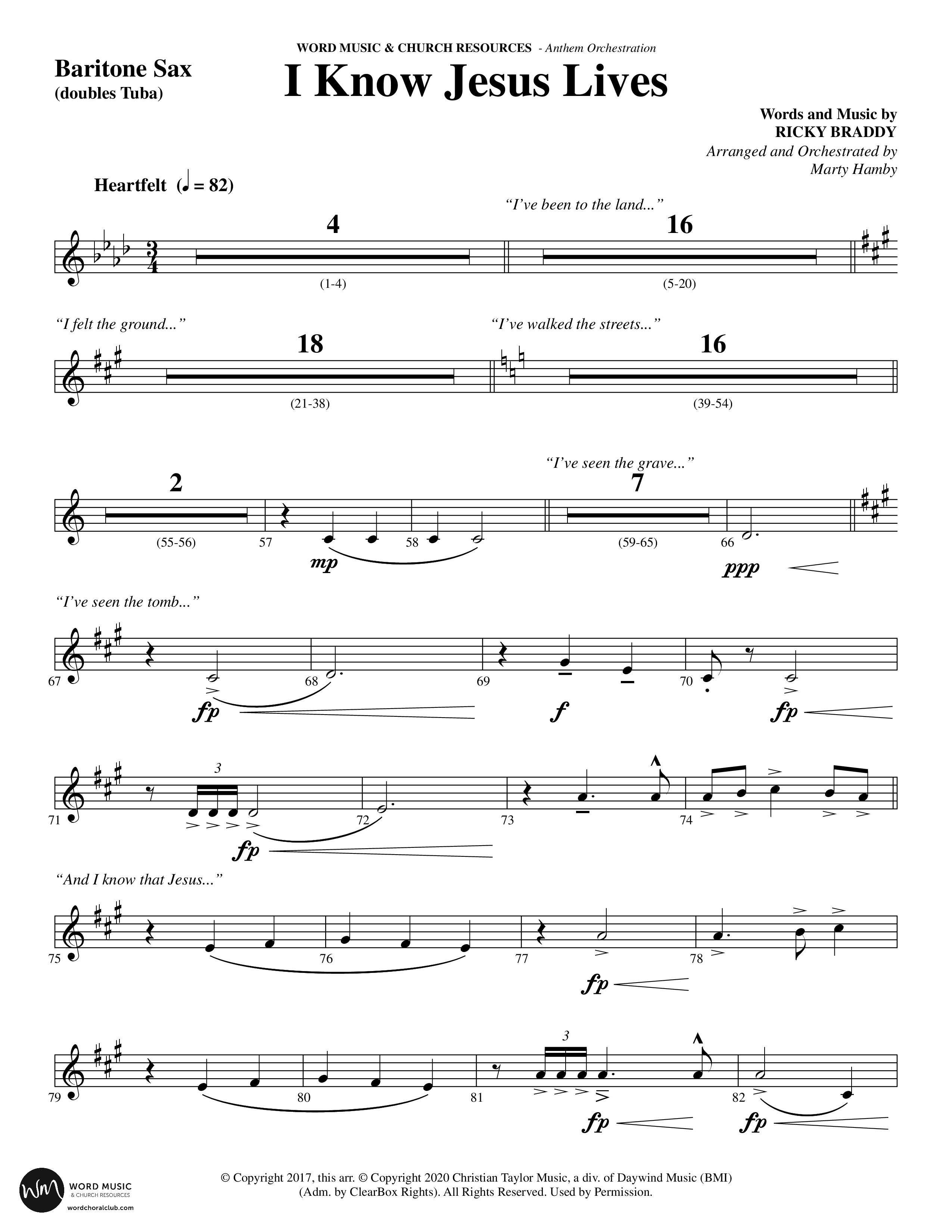 I Know Jesus Lives (Choral Anthem SATB) Bari Sax (Word Music Choral / Arr. Marty Hamby)