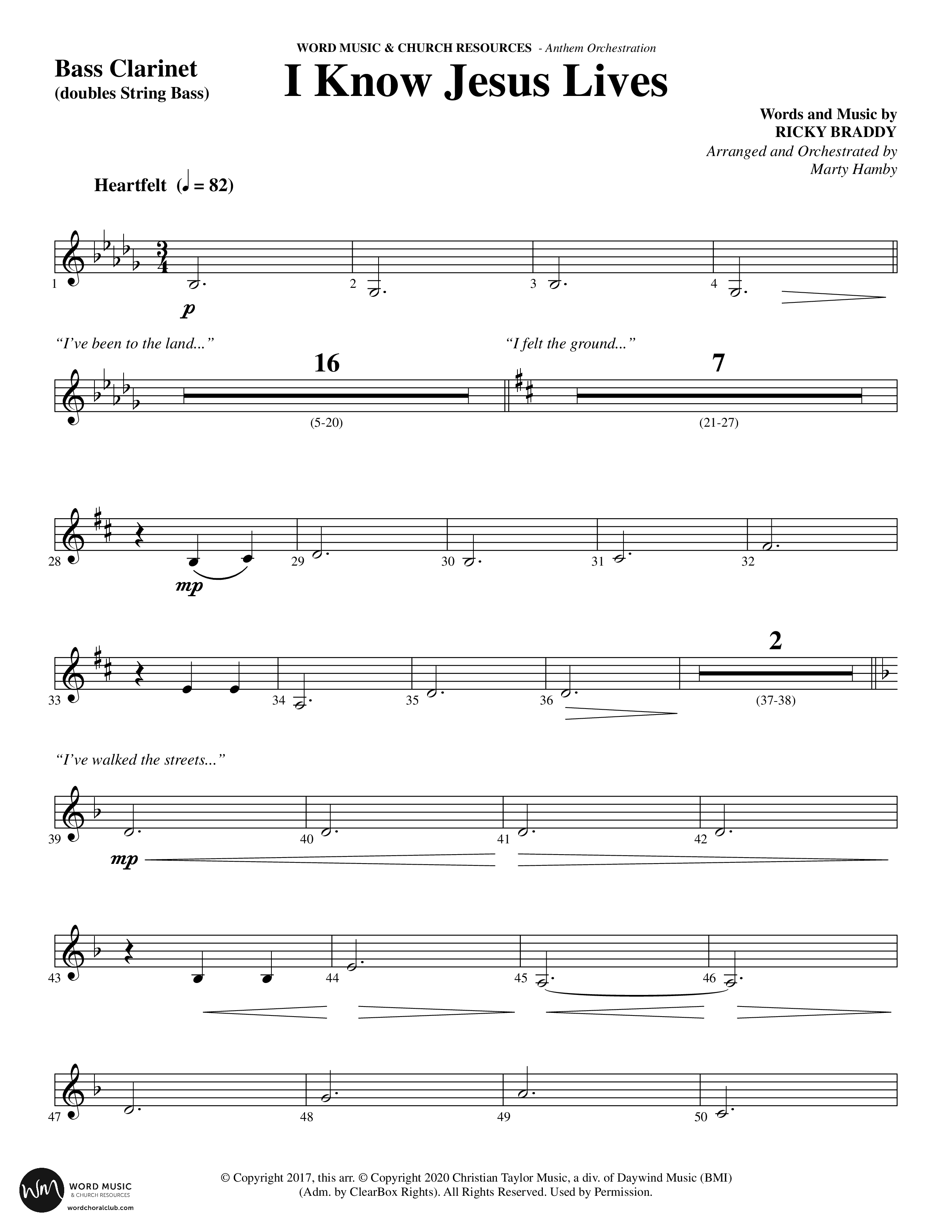 I Know Jesus Lives (Choral Anthem SATB) Bass Clarinet (Word Music Choral / Arr. Marty Hamby)
