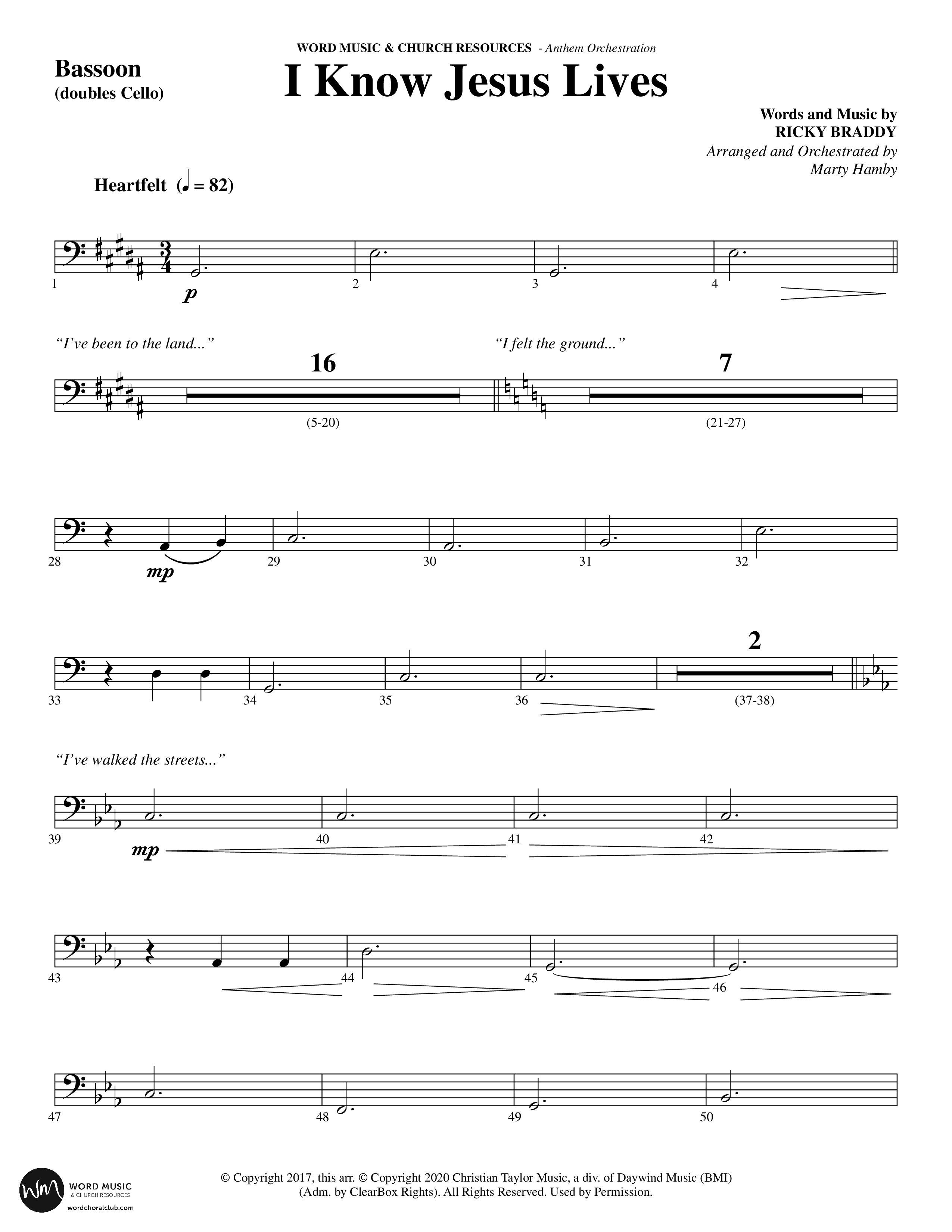 I Know Jesus Lives (Choral Anthem SATB) Bassoon (Word Music Choral / Arr. Marty Hamby)
