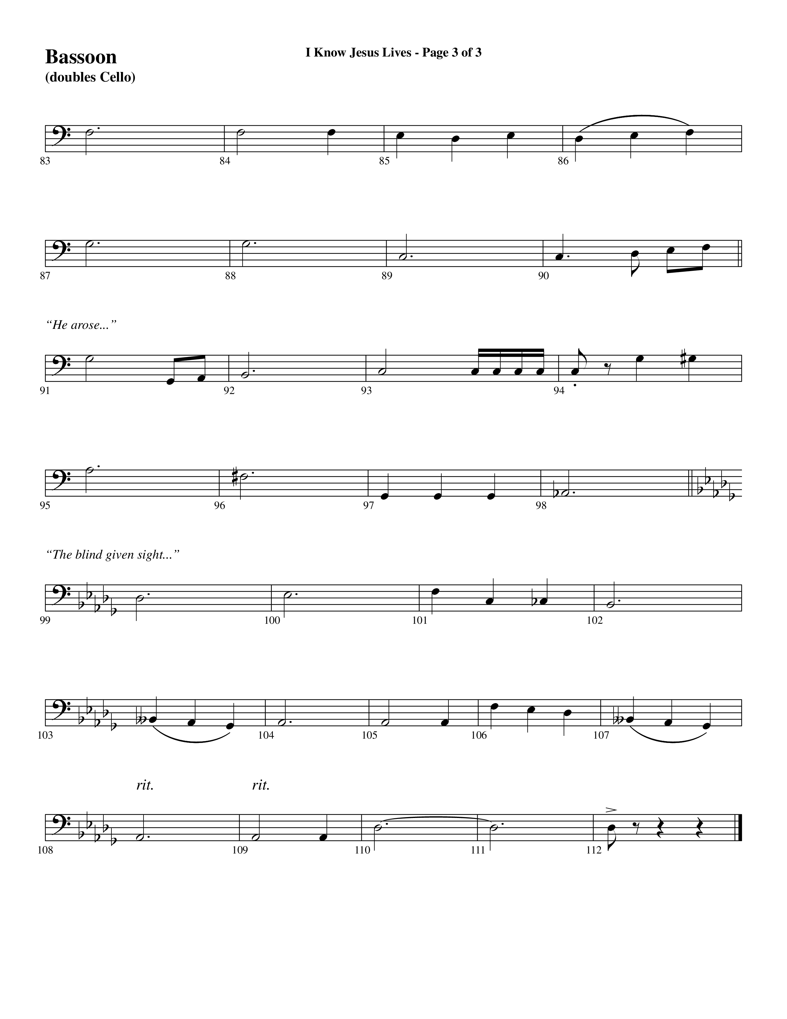 I Know Jesus Lives (Choral Anthem SATB) Bassoon (Word Music Choral / Arr. Marty Hamby)