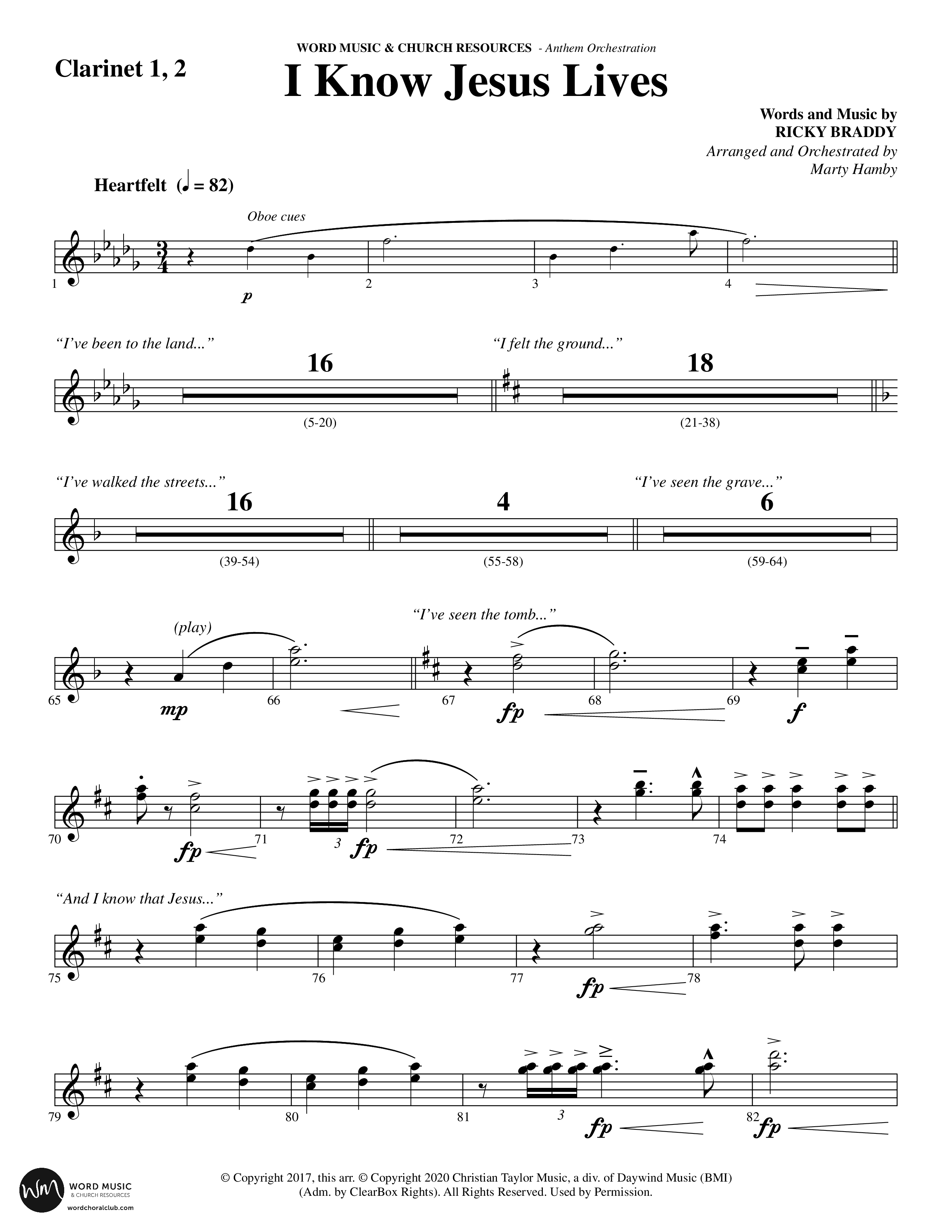 I Know Jesus Lives (Choral Anthem SATB) Clarinet 1/2 (Word Music Choral / Arr. Marty Hamby)