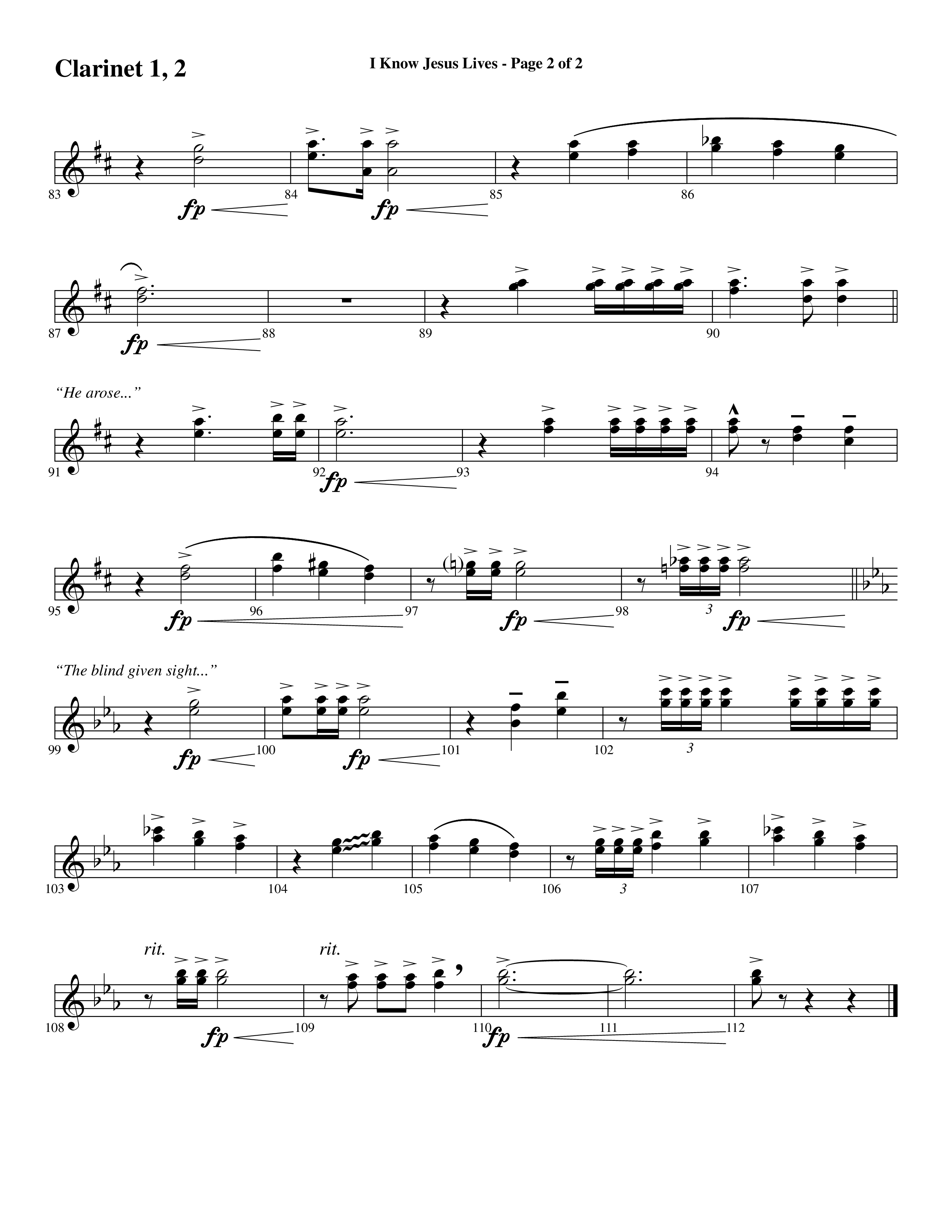 I Know Jesus Lives (Choral Anthem SATB) Clarinet 1/2 (Word Music Choral / Arr. Marty Hamby)