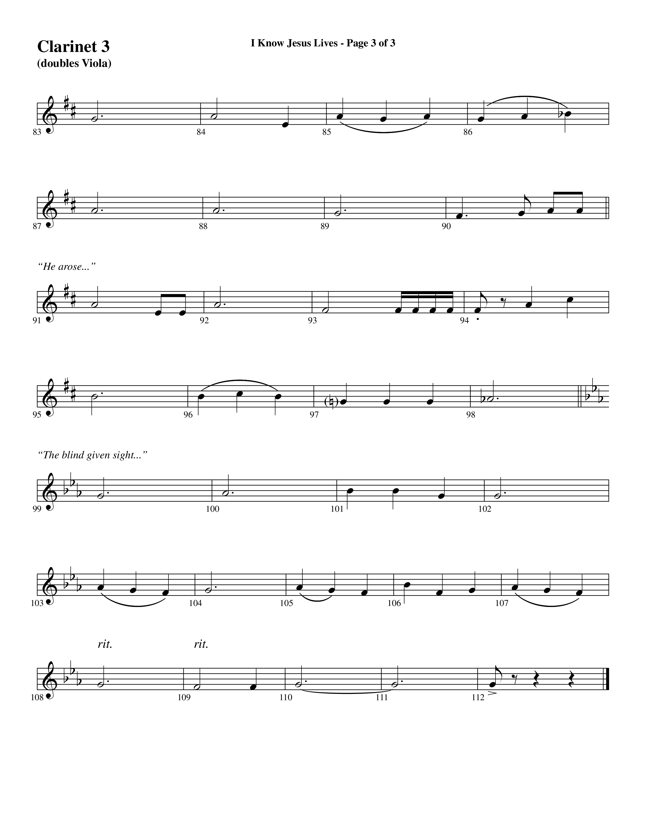 I Know Jesus Lives (Choral Anthem SATB) Clarinet 3 (Word Music Choral / Arr. Marty Hamby)