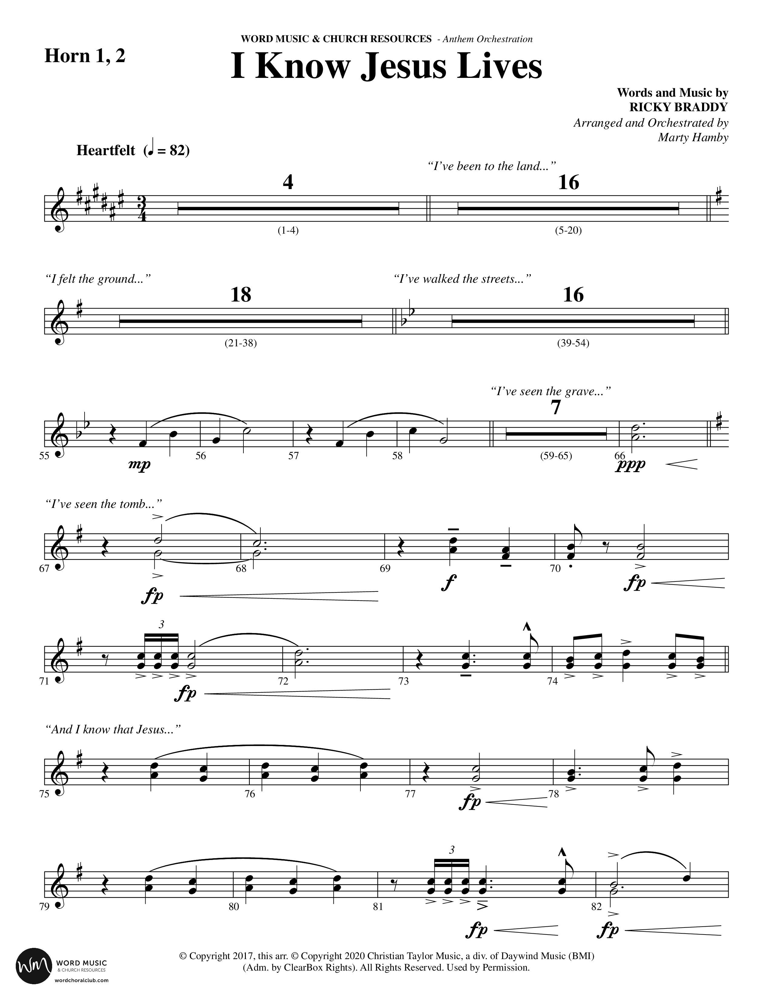 I Know Jesus Lives (Choral Anthem SATB) French Horn 1/2 (Word Music Choral / Arr. Marty Hamby)