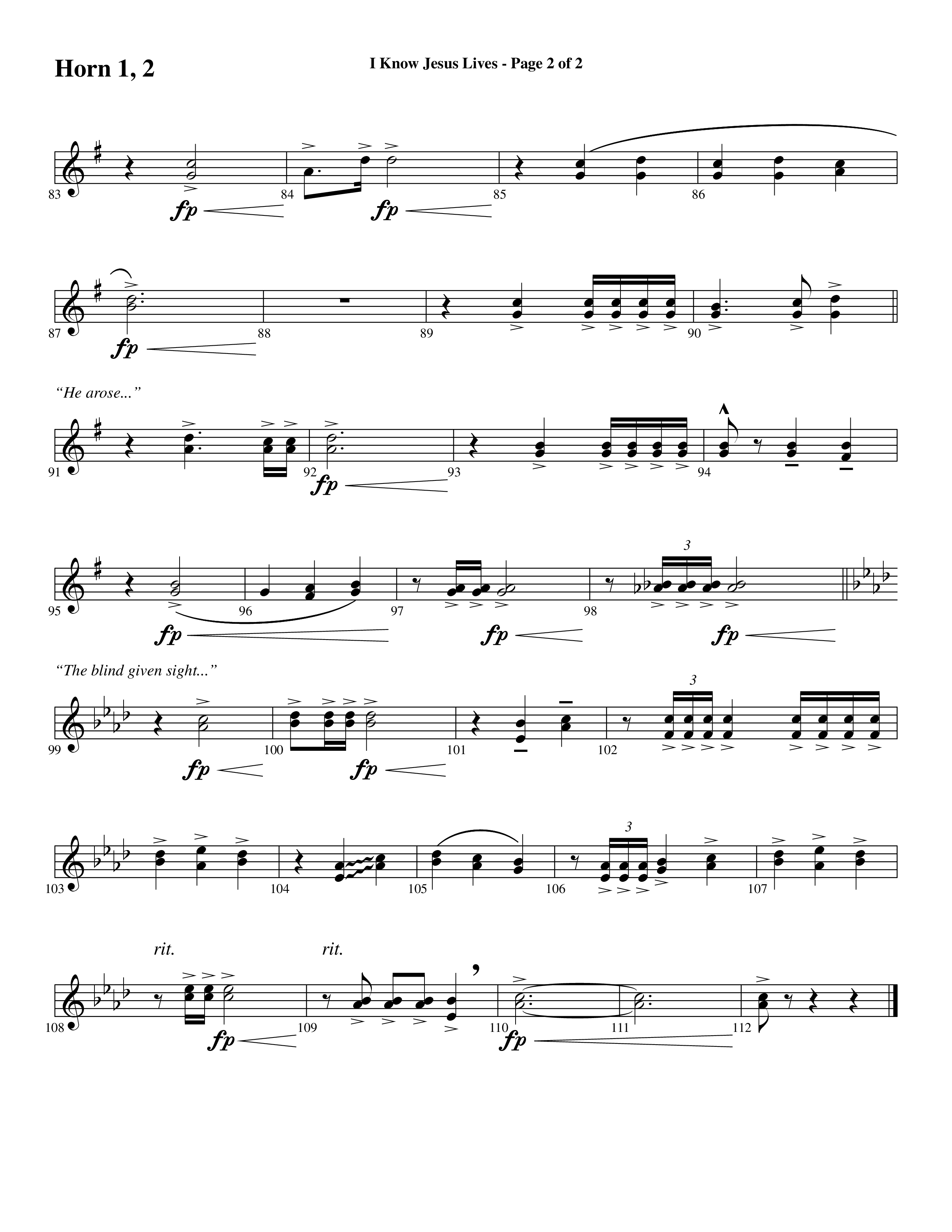 I Know Jesus Lives (Choral Anthem SATB) French Horn 1/2 (Word Music Choral / Arr. Marty Hamby)