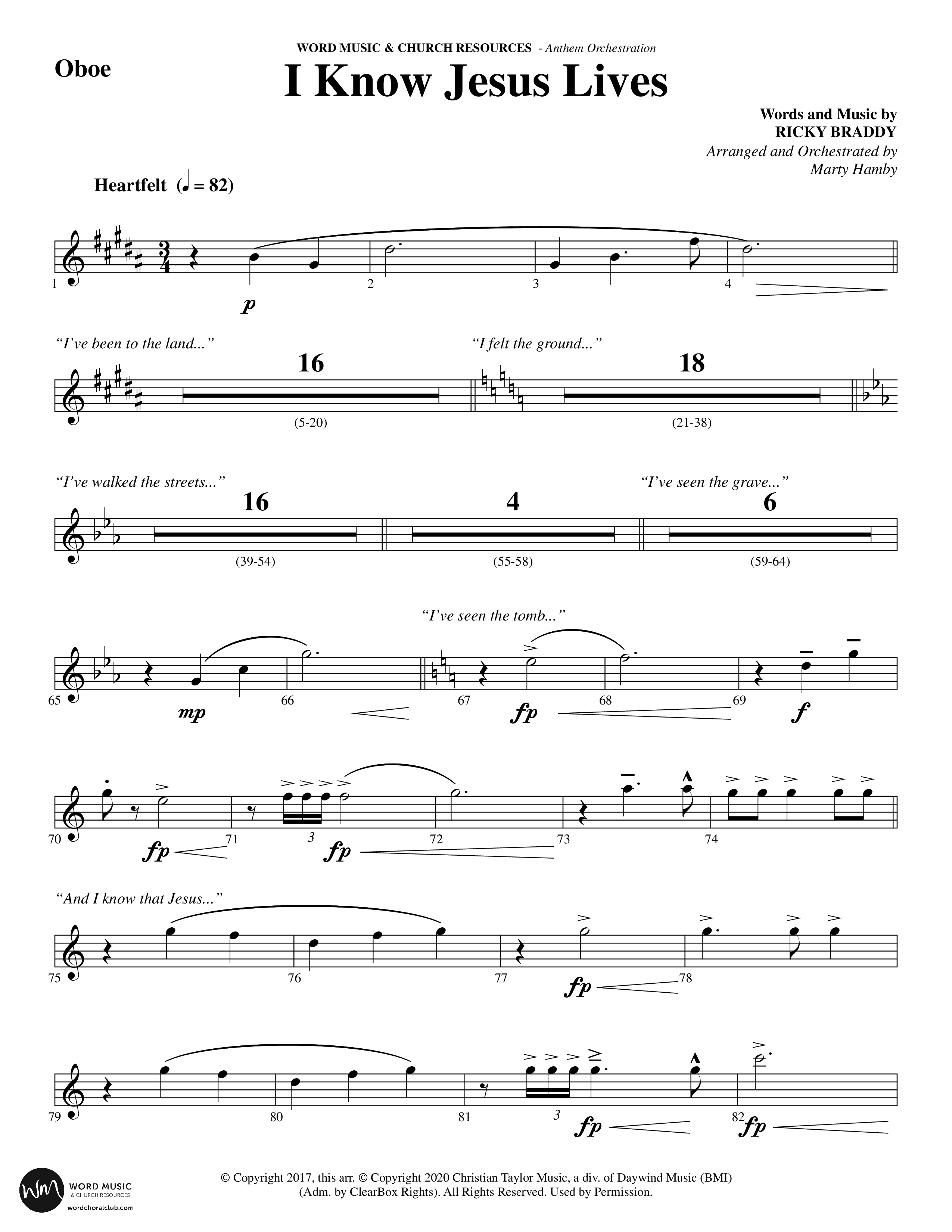 I Know Jesus Lives (Choral Anthem SATB) Oboe (Word Music Choral / Arr. Marty Hamby)