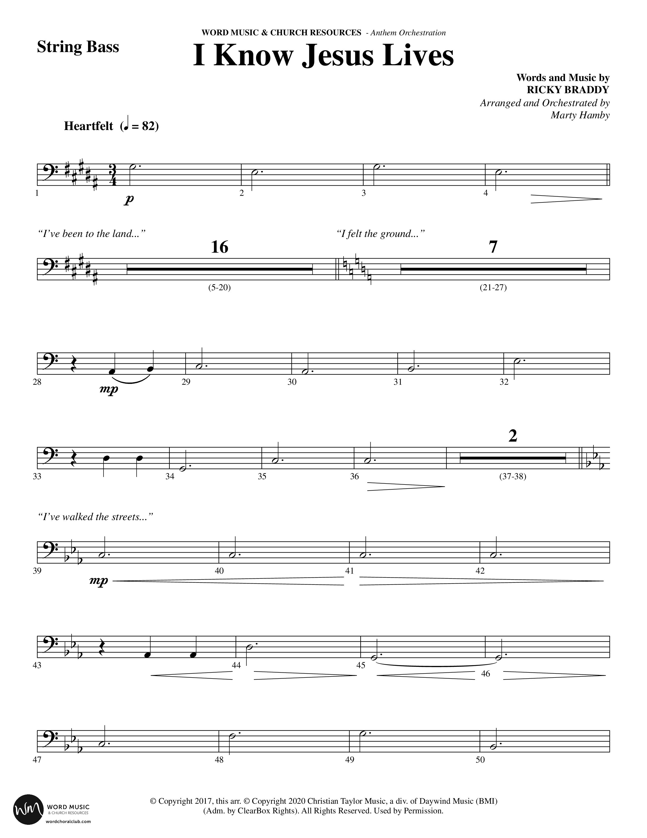 I Know Jesus Lives (Choral Anthem SATB) String Bass (Word Music Choral / Arr. Marty Hamby)