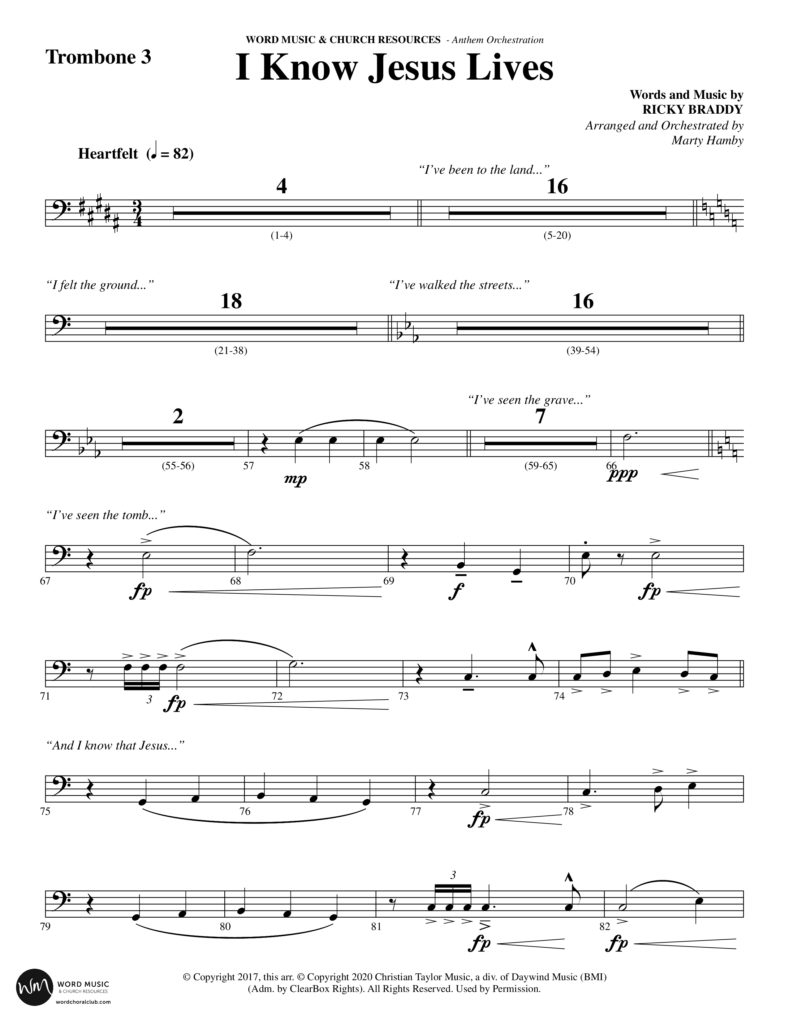 I Know Jesus Lives (Choral Anthem SATB) Trombone 3 (Word Music Choral / Arr. Marty Hamby)