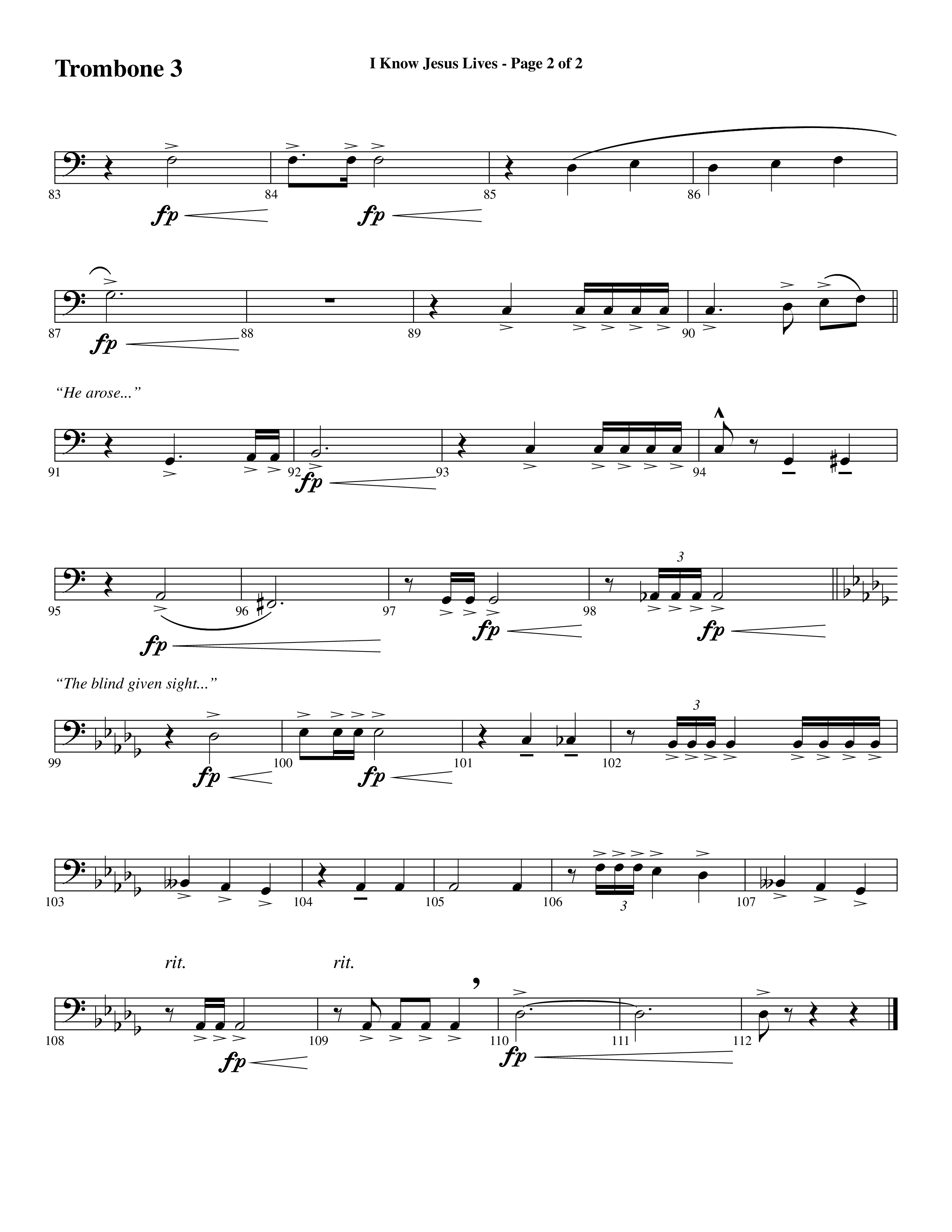 I Know Jesus Lives (Choral Anthem SATB) Trombone 3 (Word Music Choral / Arr. Marty Hamby)