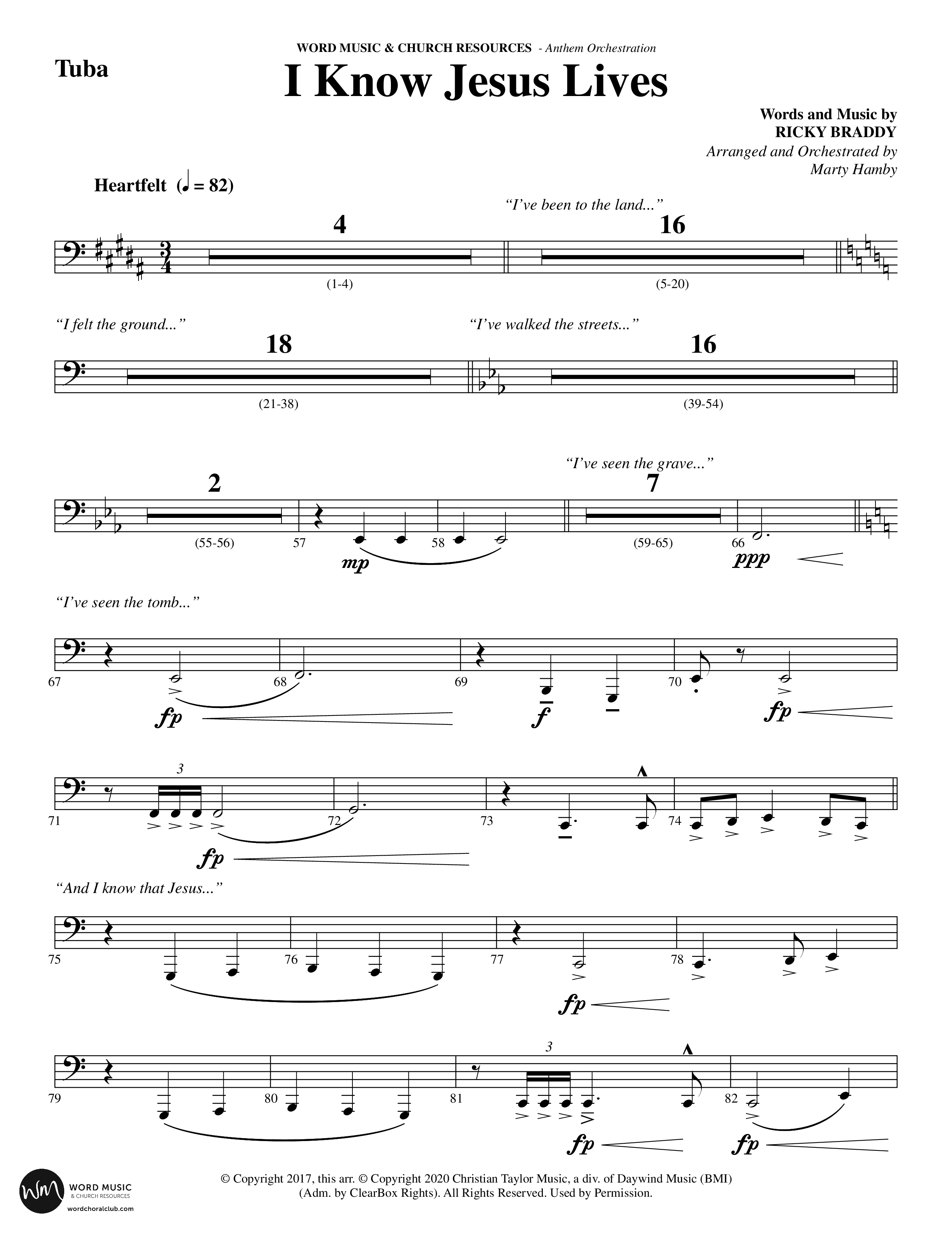 I Know Jesus Lives (Choral Anthem SATB) Tuba (Word Music Choral / Arr. Marty Hamby)