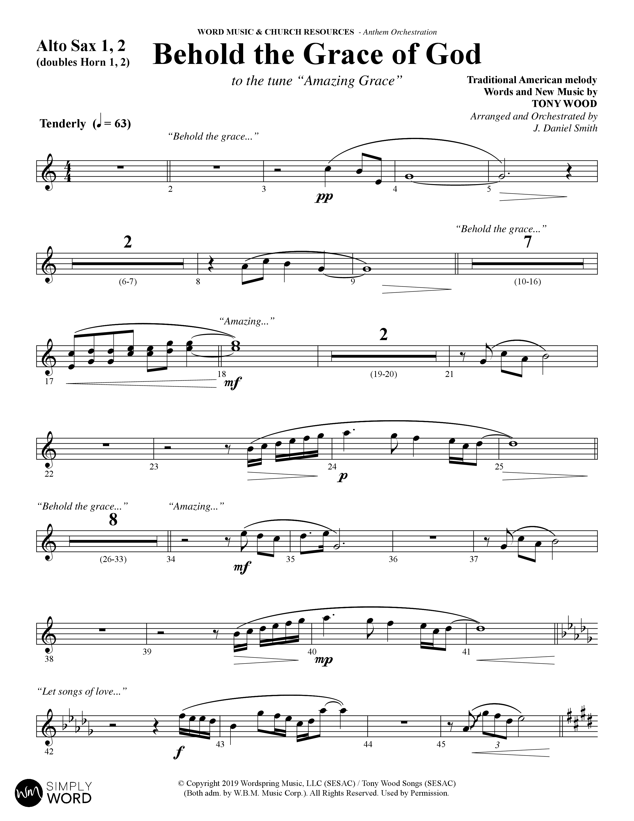 Behold The Grace Of God (Choral Anthem SATB) Alto Sax 1/2 (Word Music Choral / Arr. J. Daniel Smith)