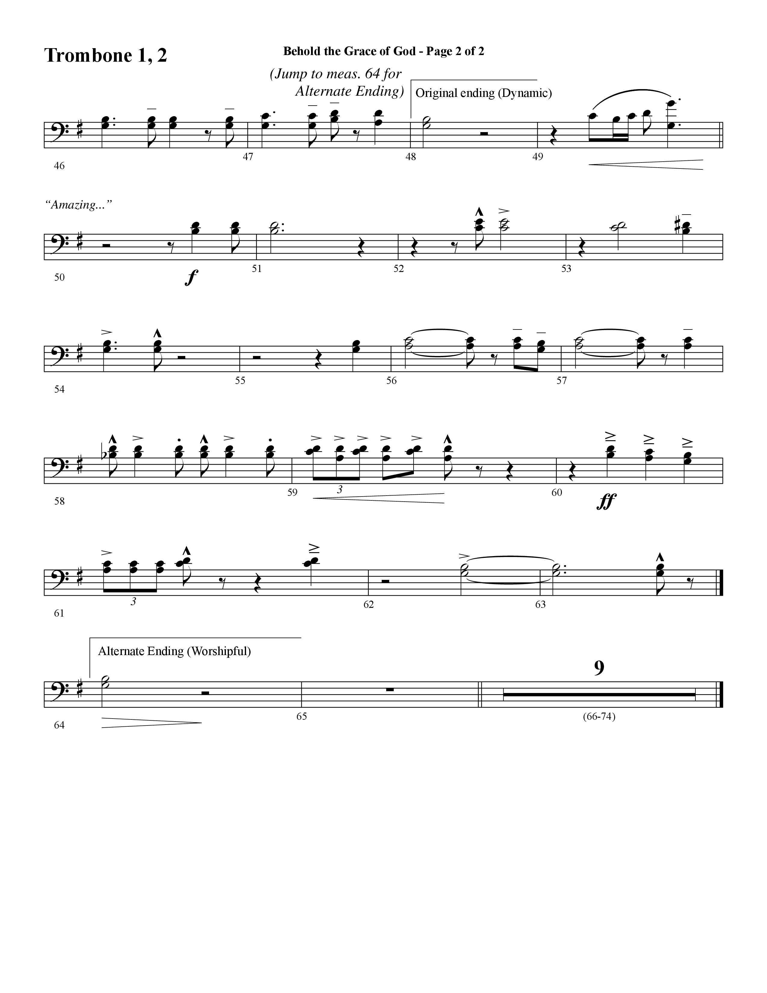 Behold The Grace Of God (Choral Anthem SATB) Trombone 1/2 (Word Music Choral / Arr. J. Daniel Smith)