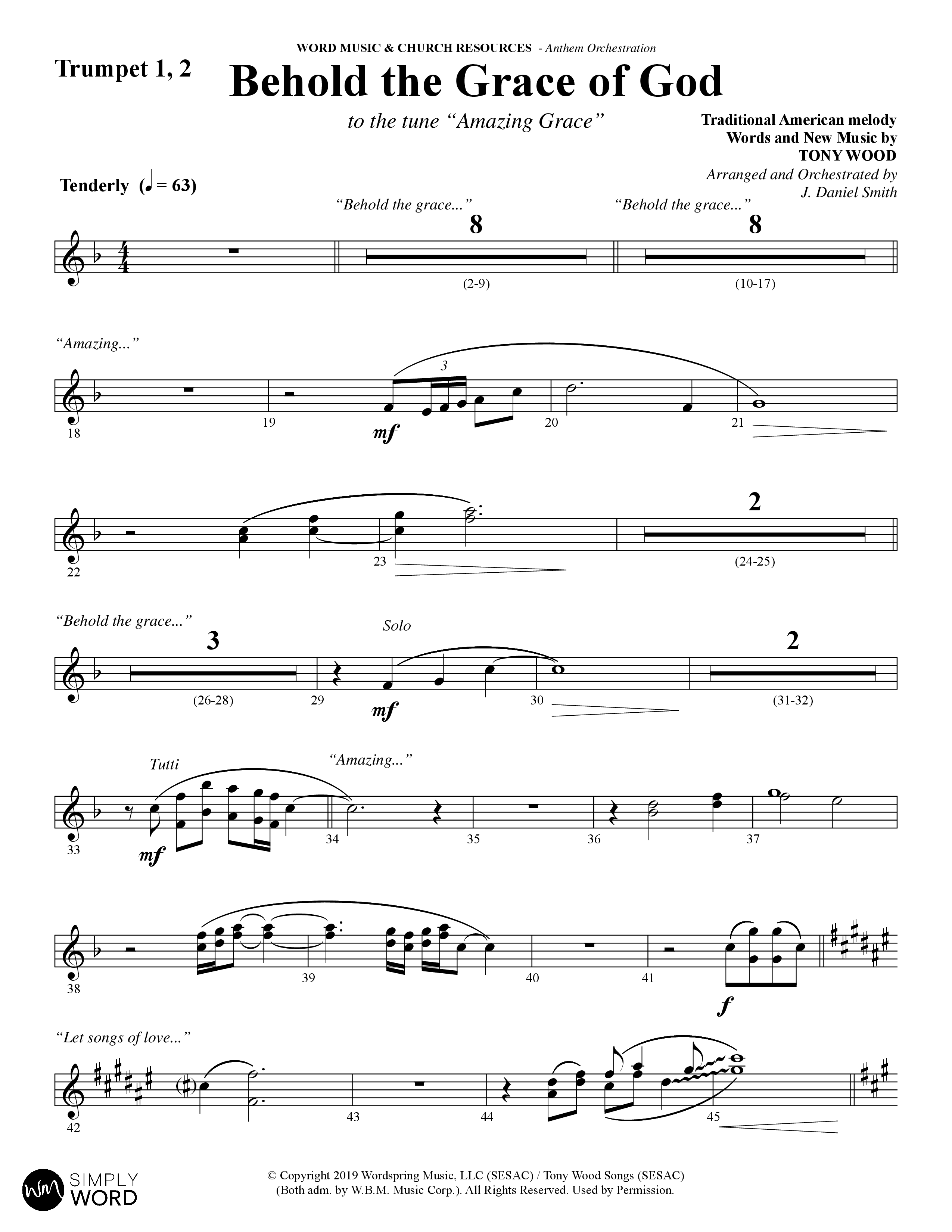 Behold The Grace Of God (Choral Anthem SATB) Trumpet 1,2 (Word Music Choral / Arr. J. Daniel Smith)