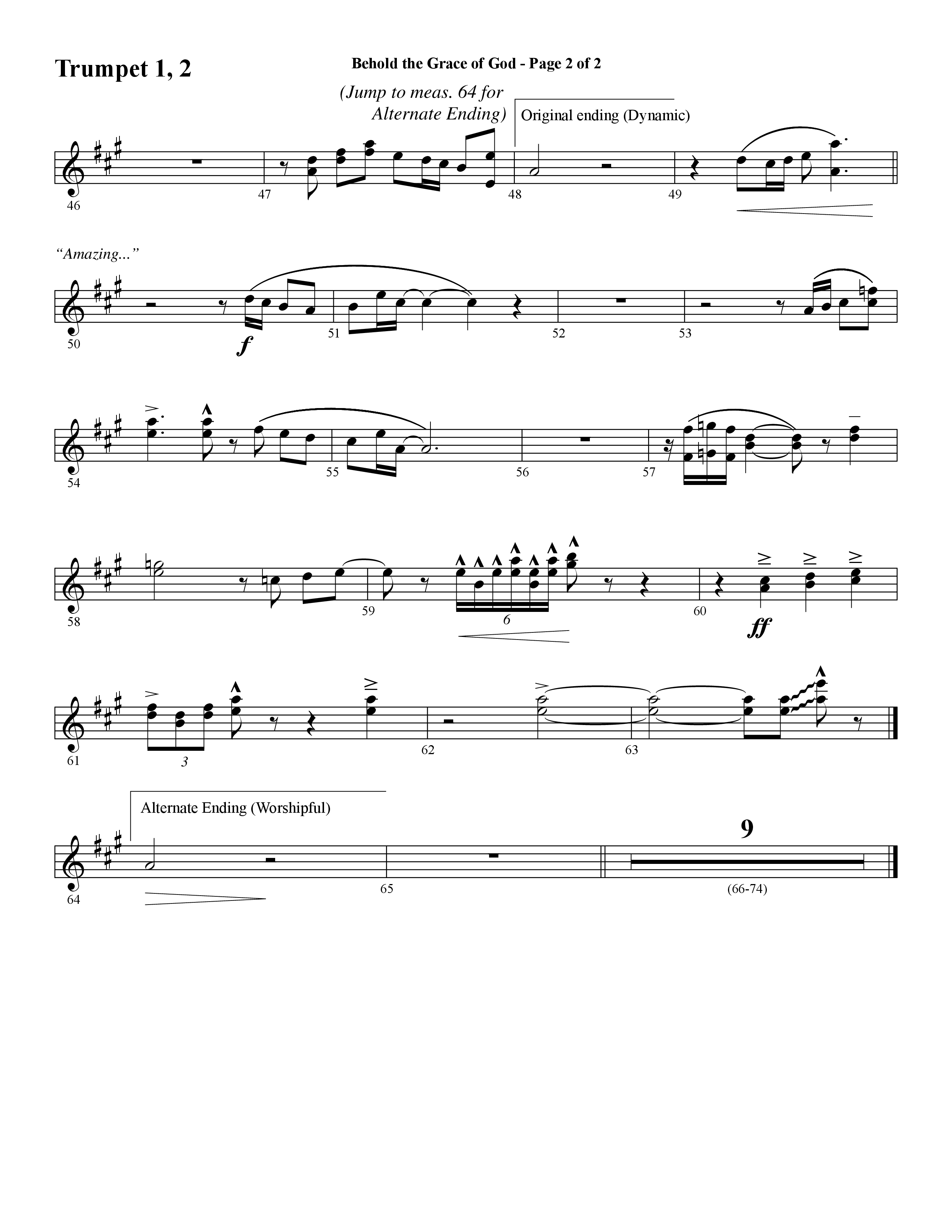 Behold The Grace Of God (Choral Anthem SATB) Trumpet 1,2 (Word Music Choral / Arr. J. Daniel Smith)