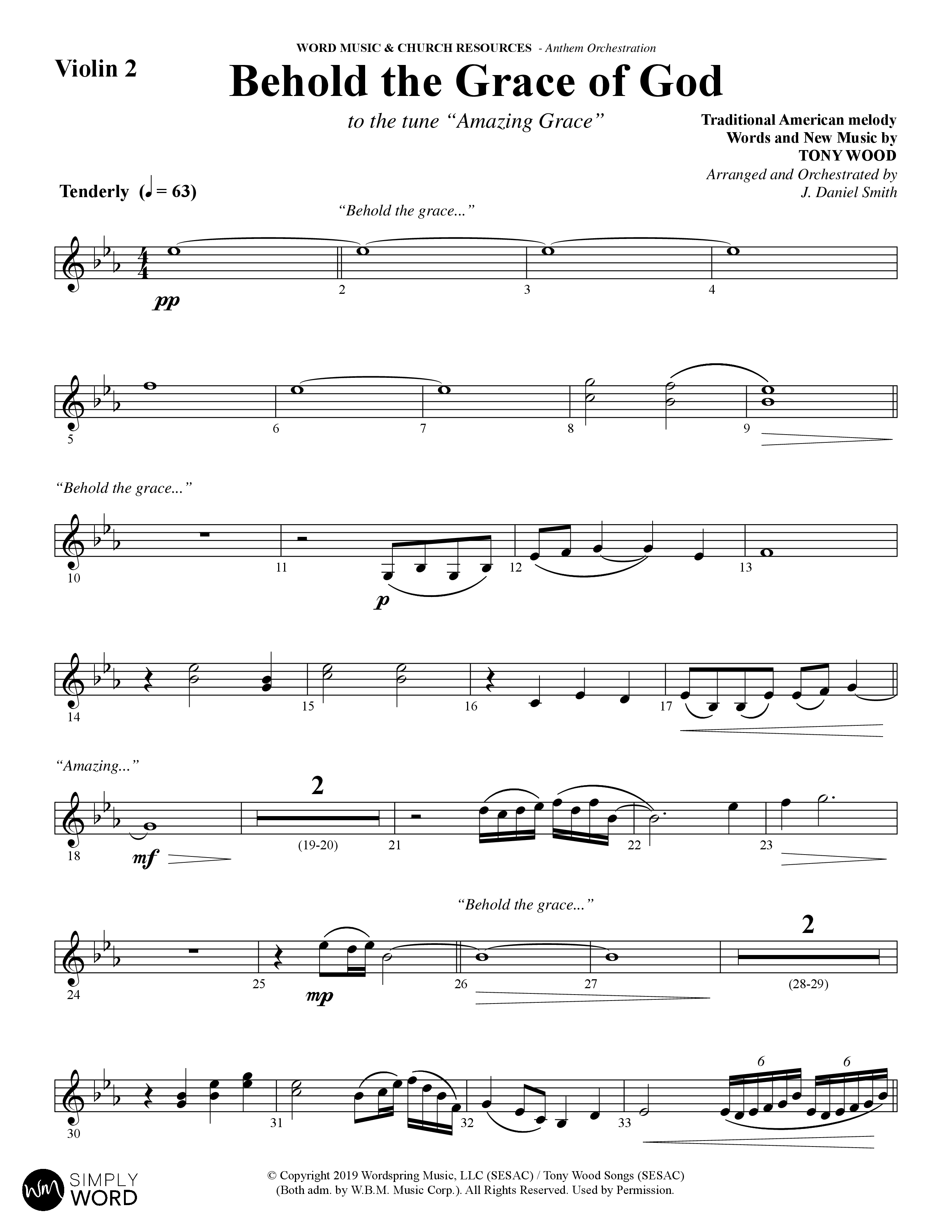 Behold The Grace Of God (Choral Anthem SATB) Violin 2 (Word Music Choral / Arr. J. Daniel Smith)