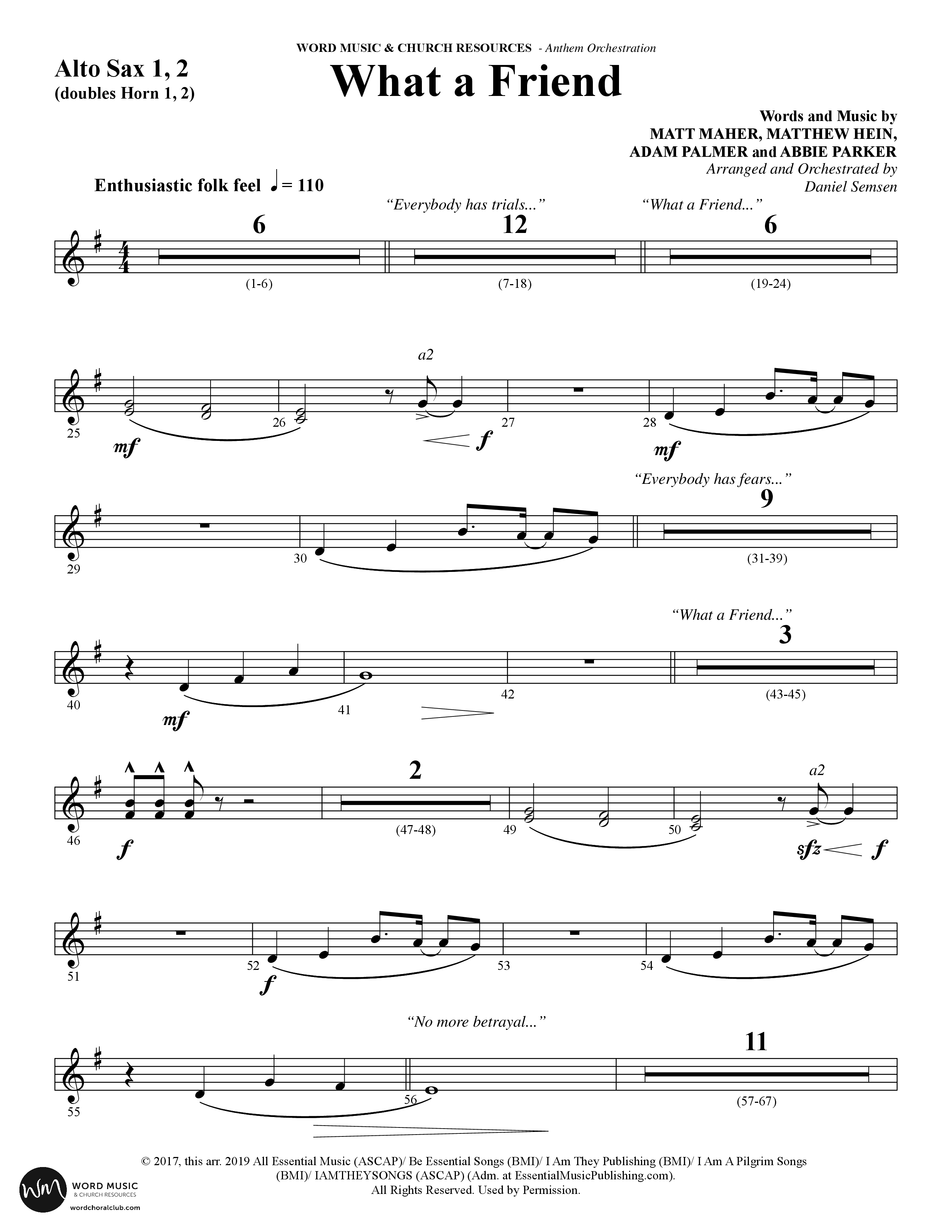 What A Friend (Choral Anthem SATB) Alto Sax 1/2 (Word Music Choral / Arr. Daniel Semsen)