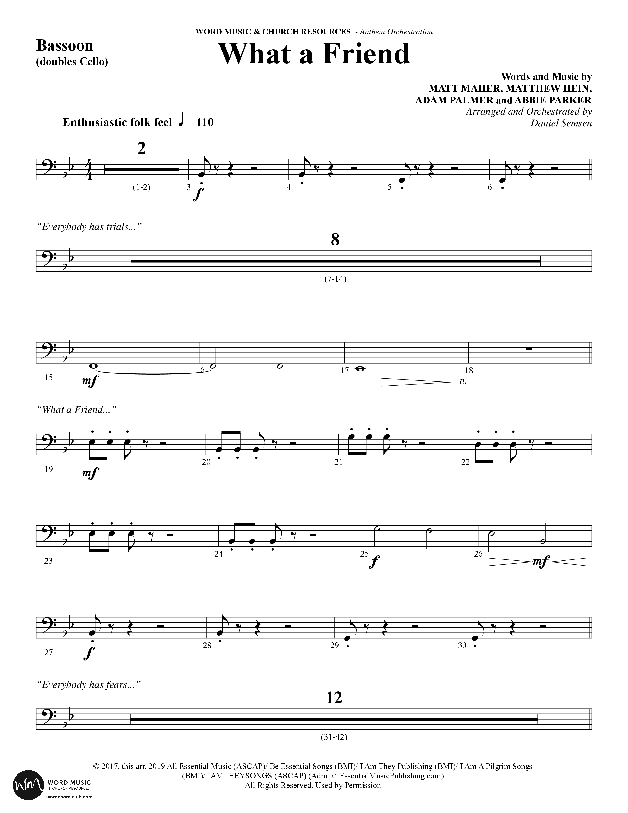 What A Friend (Choral Anthem SATB) Bassoon (Word Music Choral / Arr. Daniel Semsen)