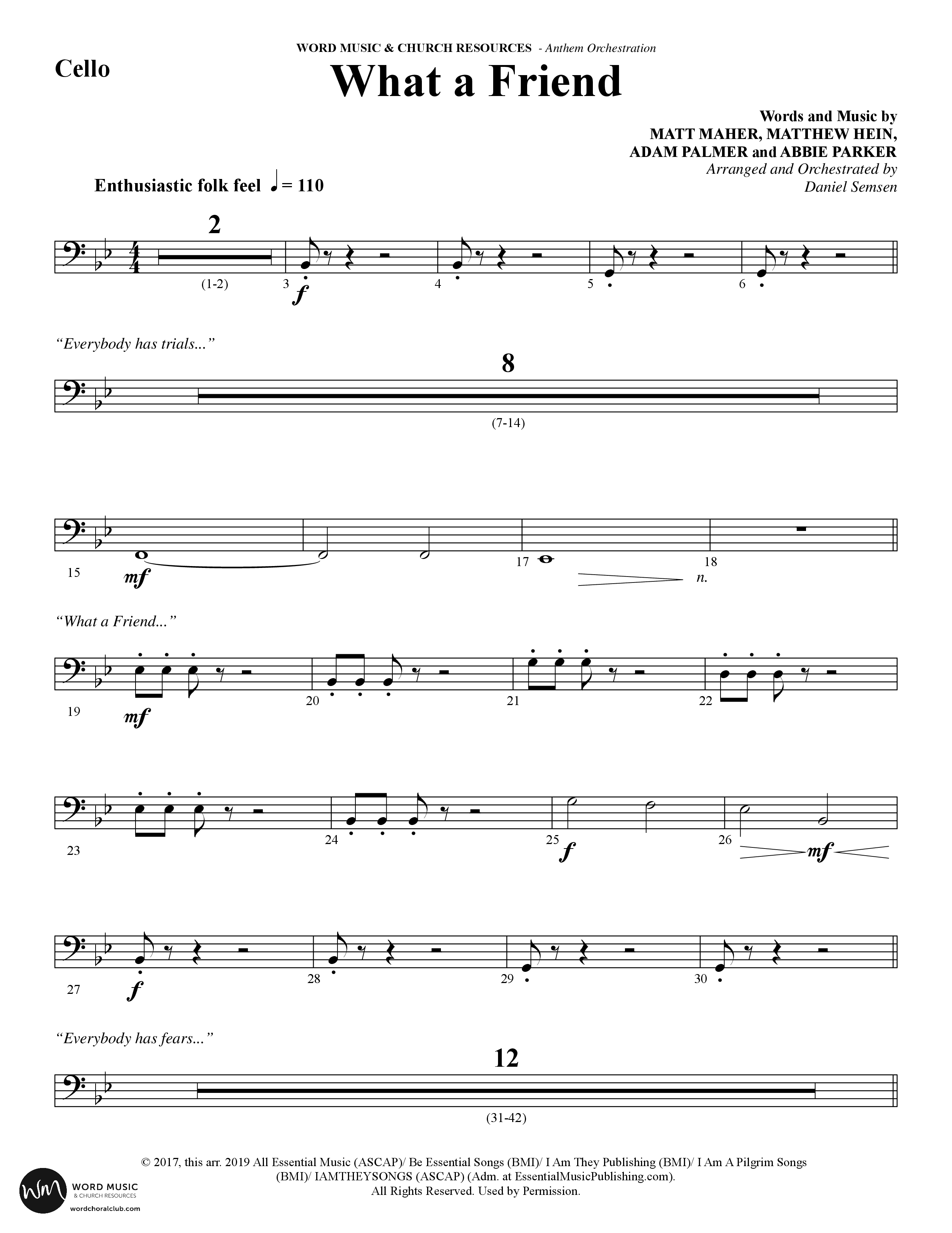 What A Friend (Choral Anthem SATB) Cello (Word Music Choral / Arr. Daniel Semsen)