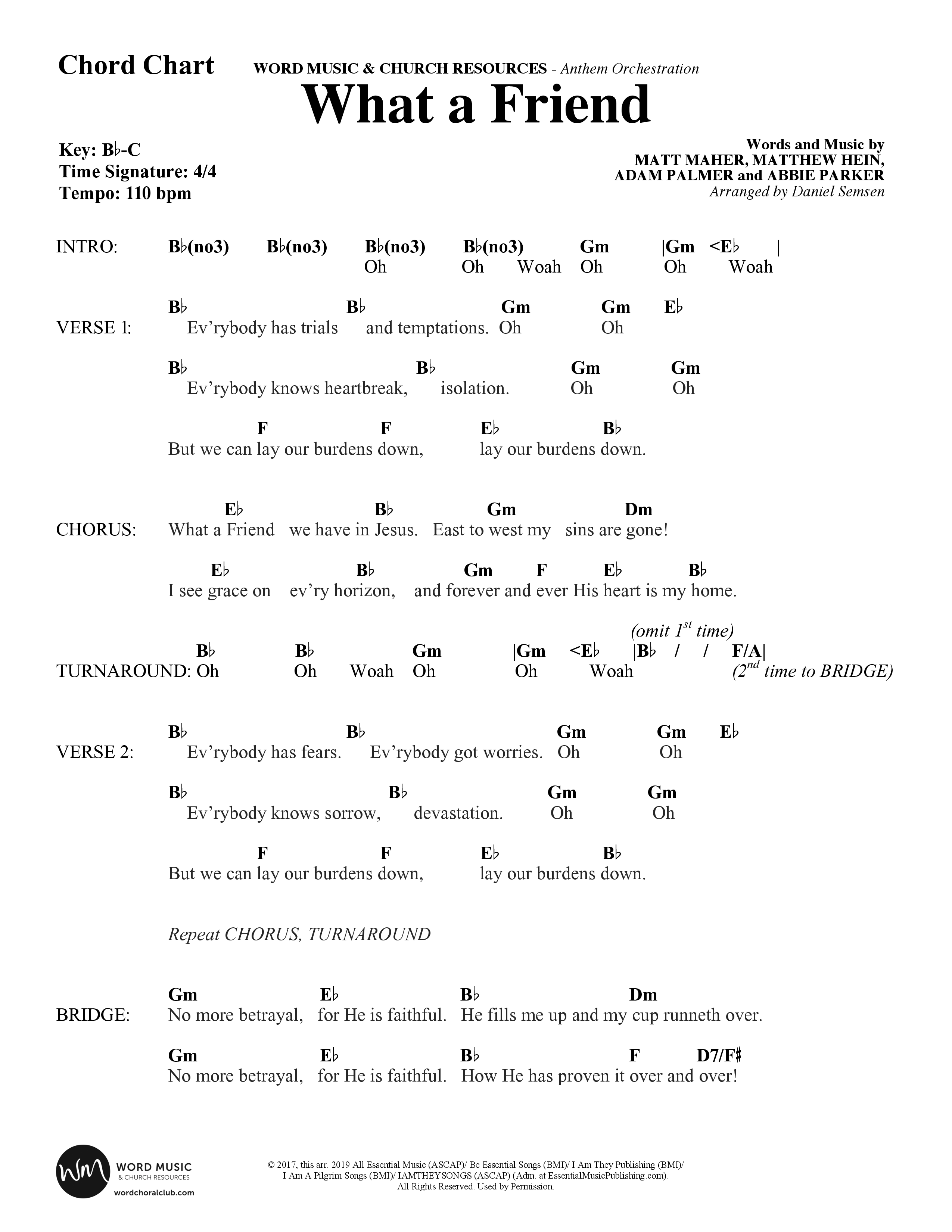 What A Friend (Choral Anthem SATB) Chord Chart (Word Music Choral / Arr. Daniel Semsen)