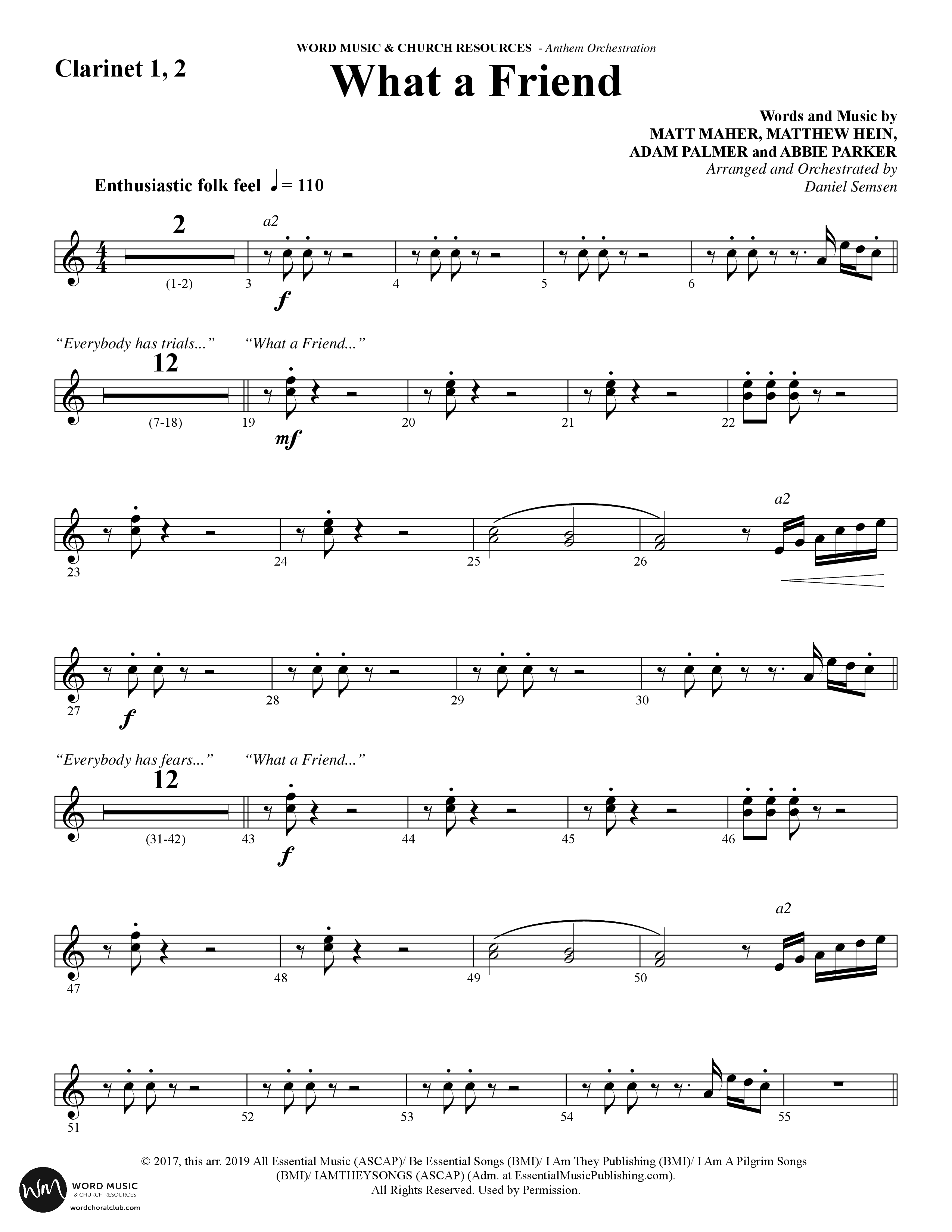 What A Friend (Choral Anthem SATB) Clarinet 1/2 (Word Music Choral / Arr. Daniel Semsen)