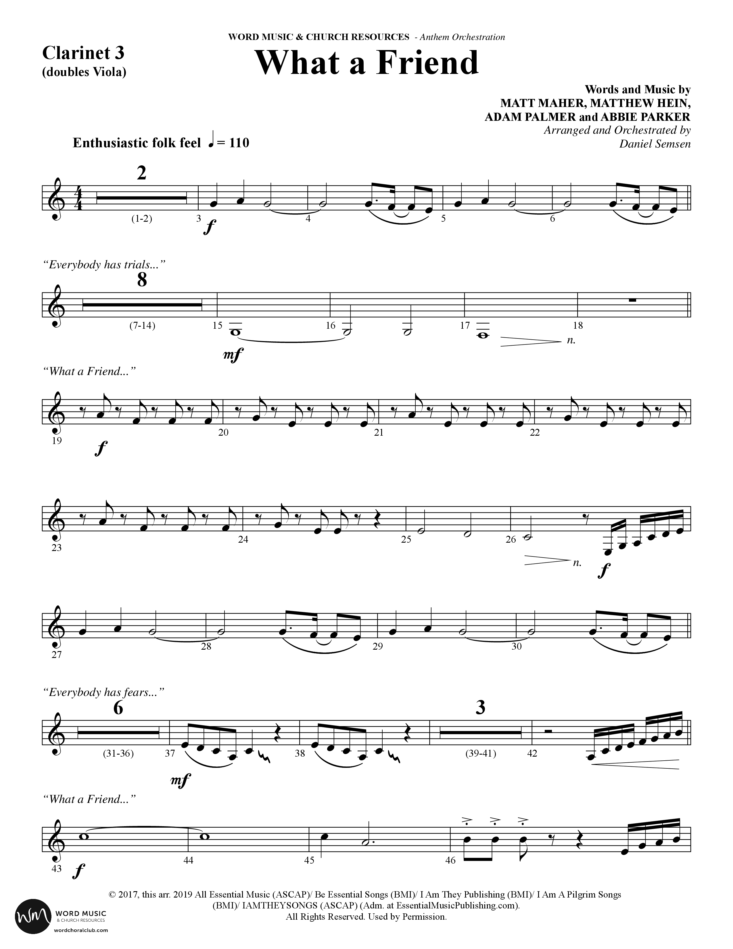 What A Friend (Choral Anthem SATB) Clarinet 3 (Word Music Choral / Arr. Daniel Semsen)