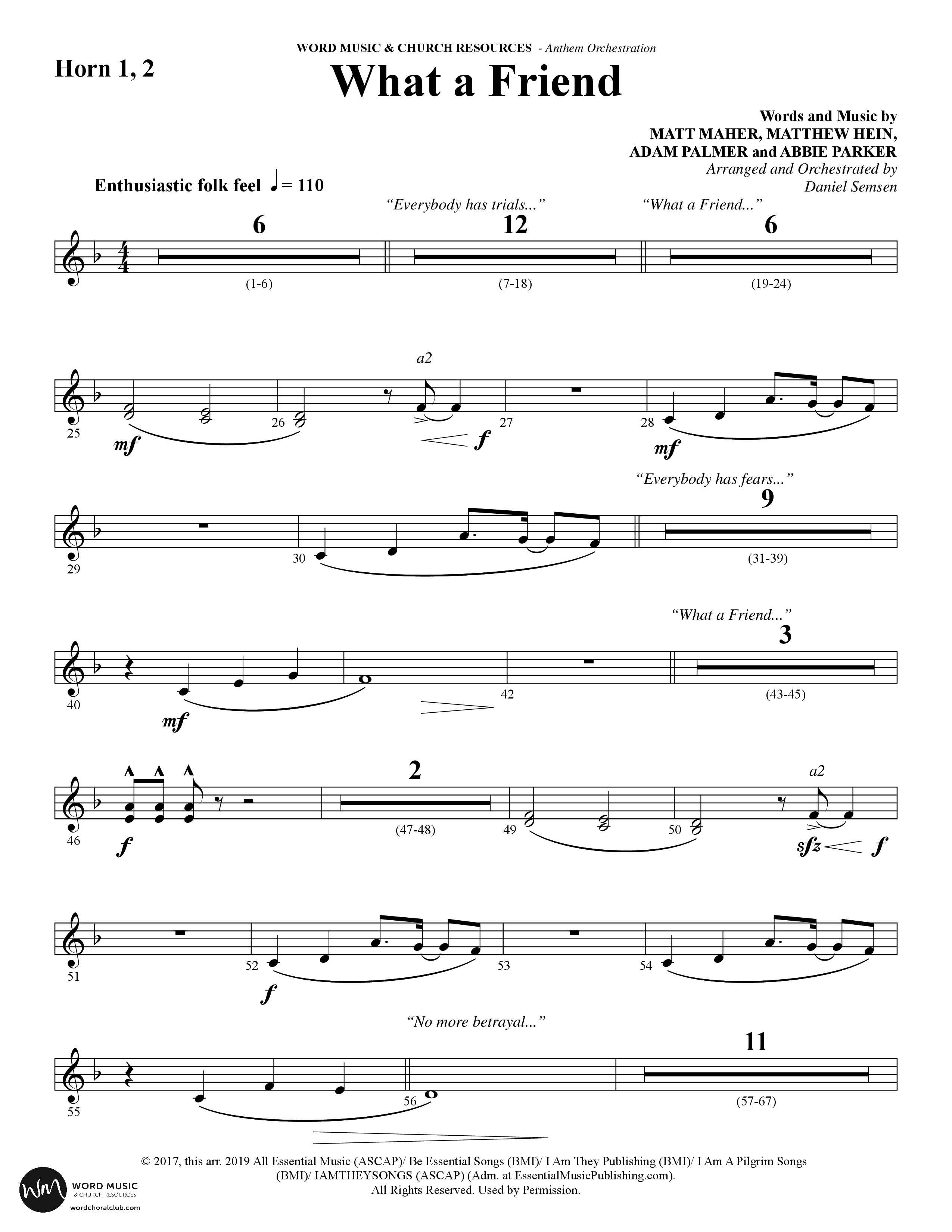 What A Friend (Choral Anthem SATB) French Horn 1/2 (Word Music Choral / Arr. Daniel Semsen)