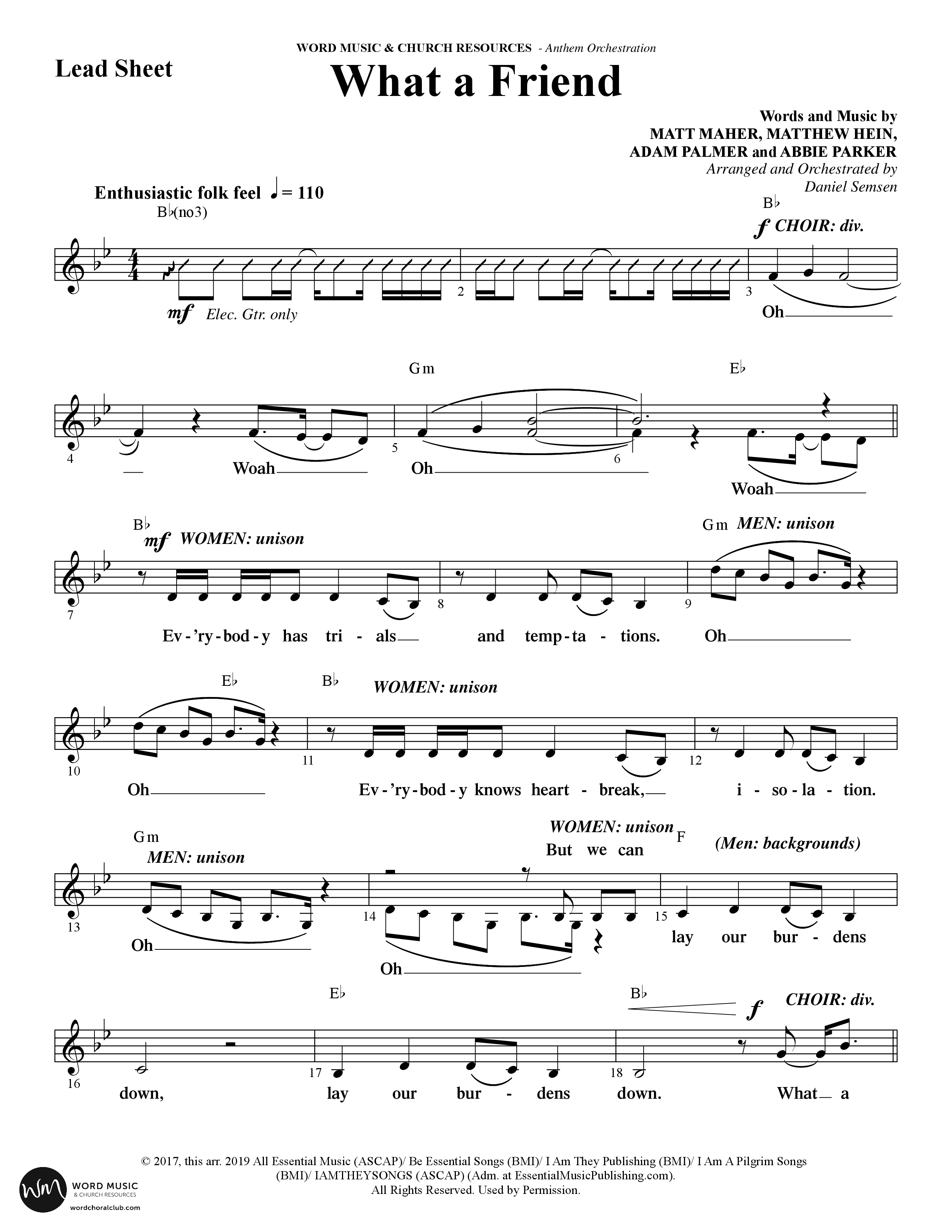 What A Friend (Choral Anthem SATB) Lead Sheet (Melody) (Word Music Choral / Arr. Daniel Semsen)