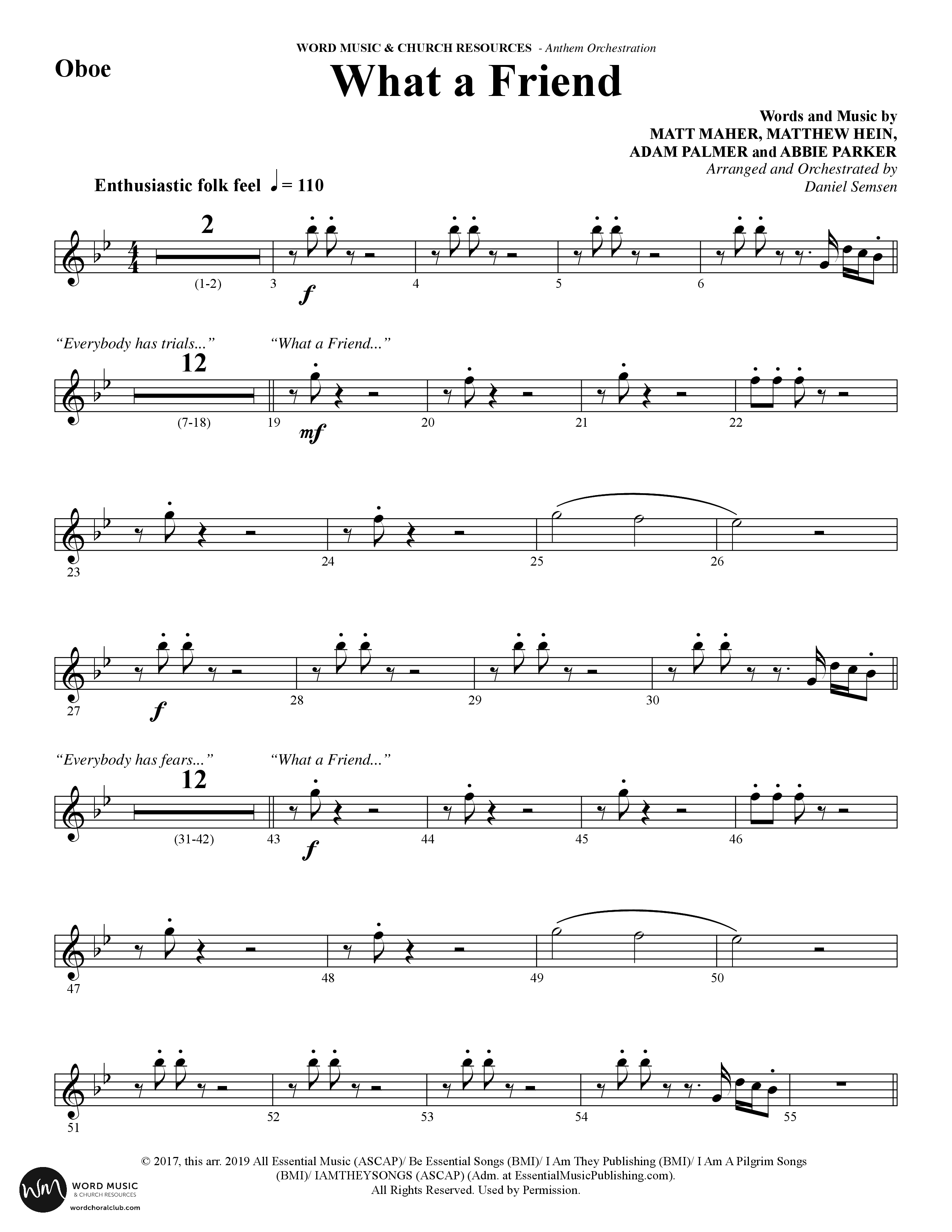 What A Friend (Choral Anthem SATB) Oboe (Word Music Choral / Arr. Daniel Semsen)