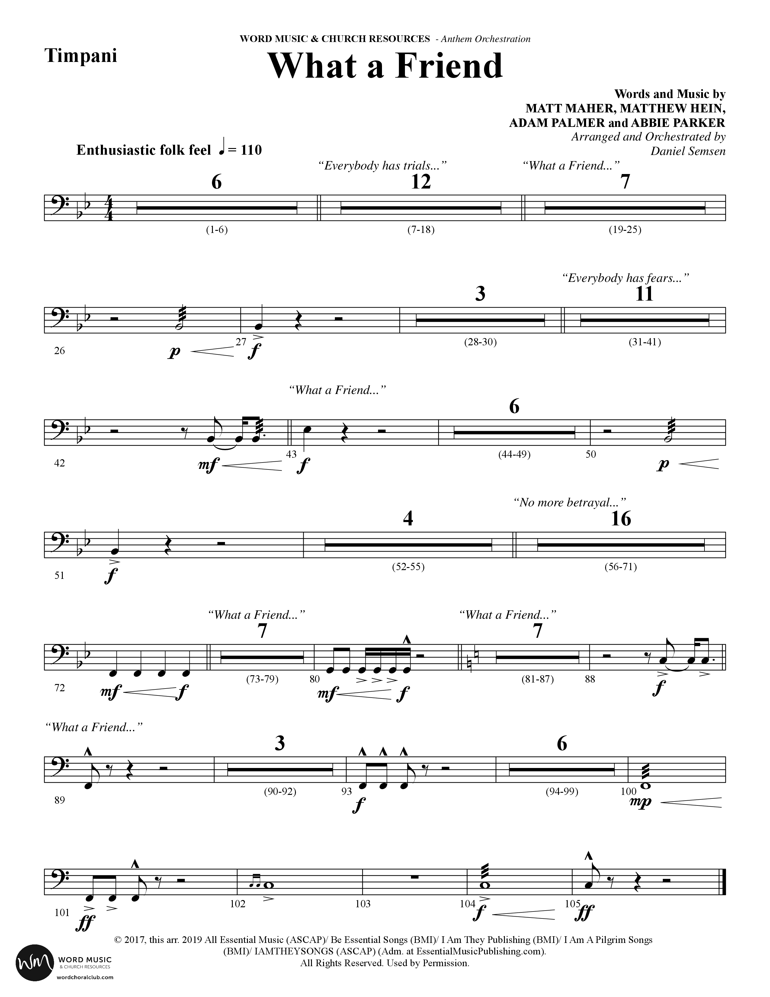 What A Friend (Choral Anthem SATB) Timpani (Word Music Choral / Arr. Daniel Semsen)