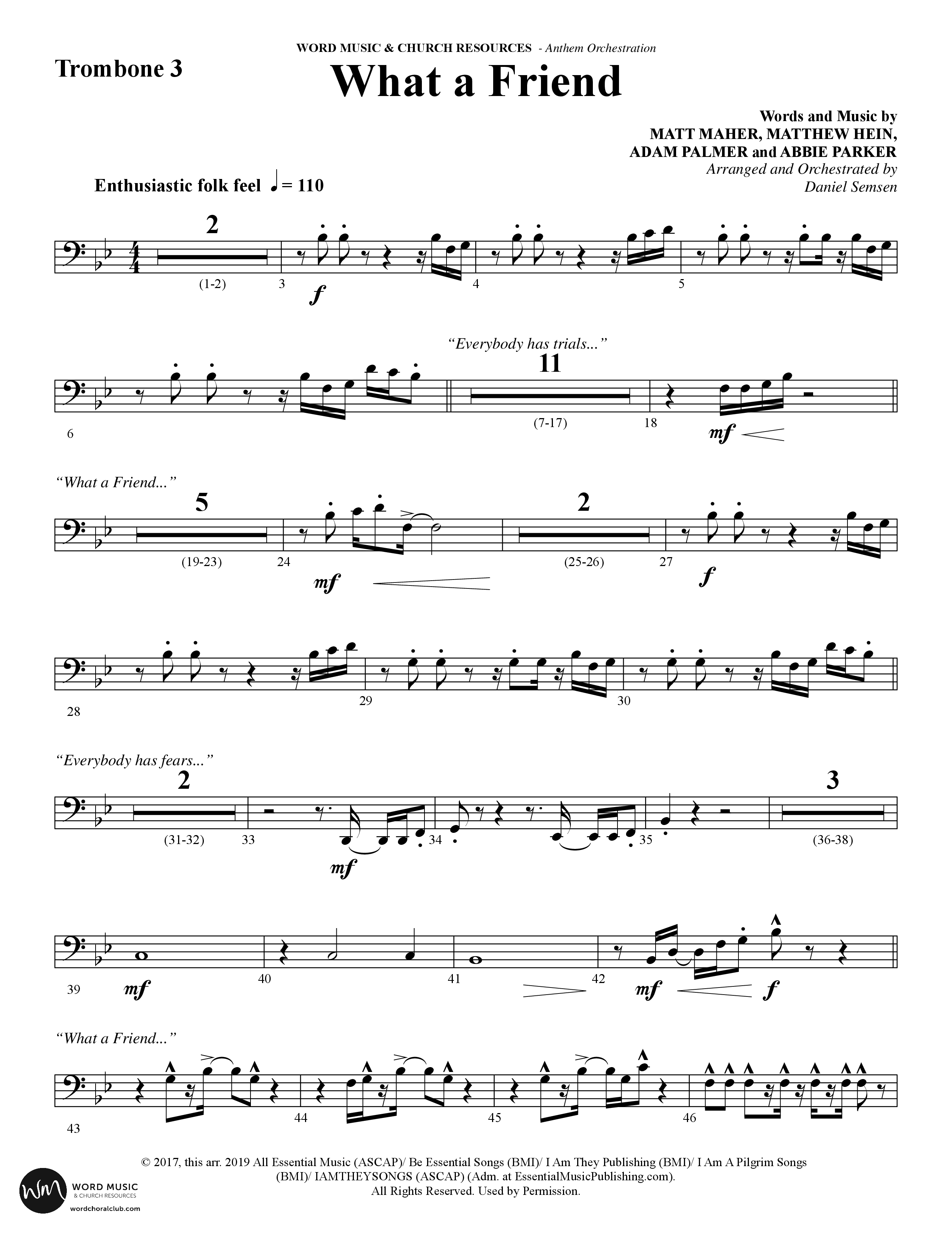 What A Friend (Choral Anthem SATB) Trombone 3 (Word Music Choral / Arr. Daniel Semsen)