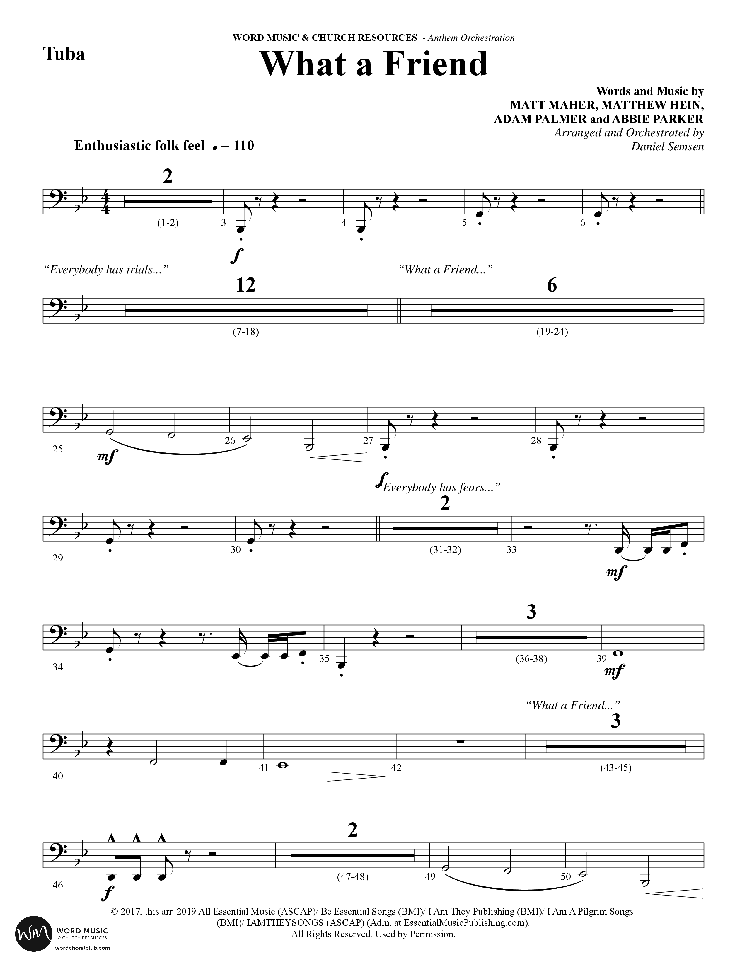 What A Friend (Choral Anthem SATB) Tuba (Word Music Choral / Arr. Daniel Semsen)