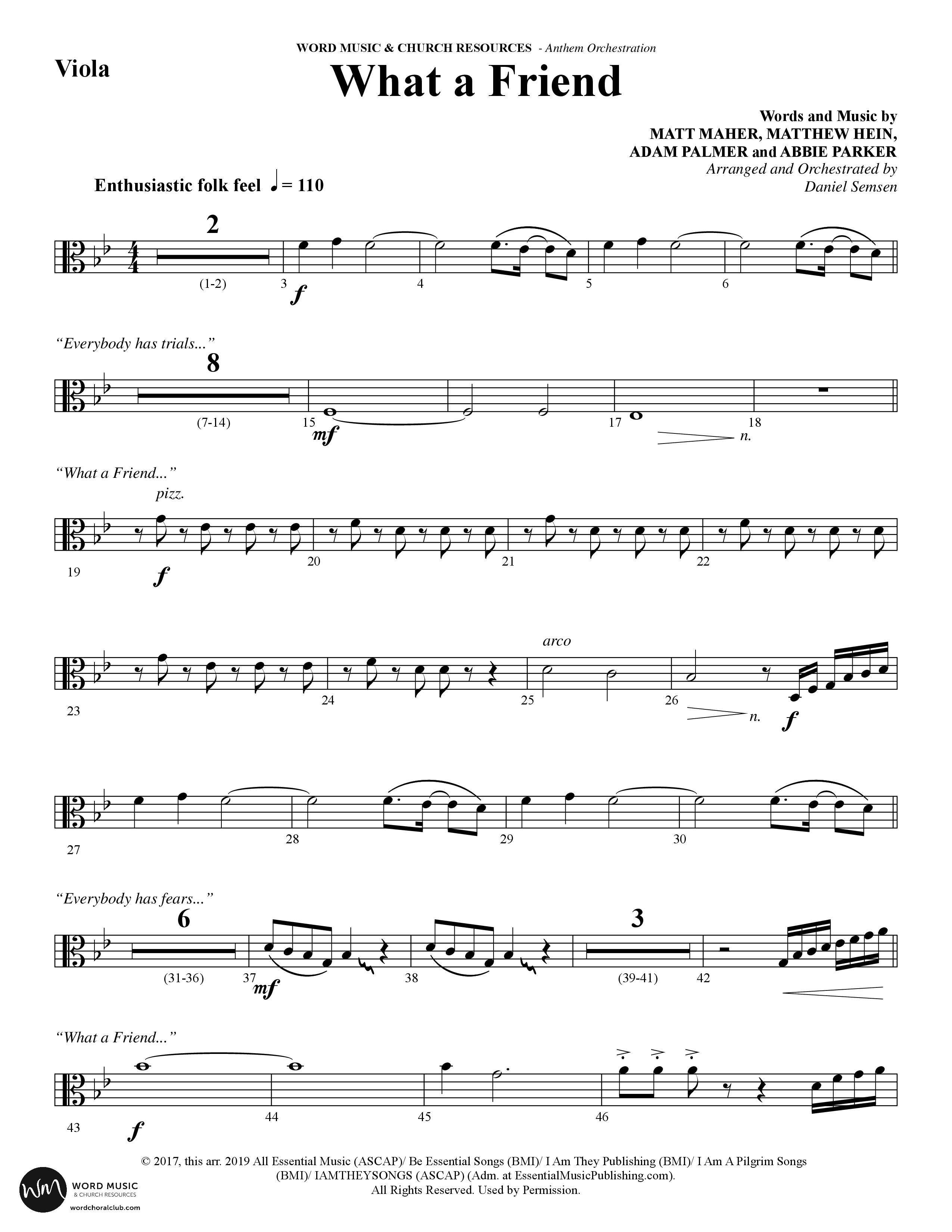 What A Friend (Choral Anthem SATB) Viola (Word Music Choral / Arr. Daniel Semsen)