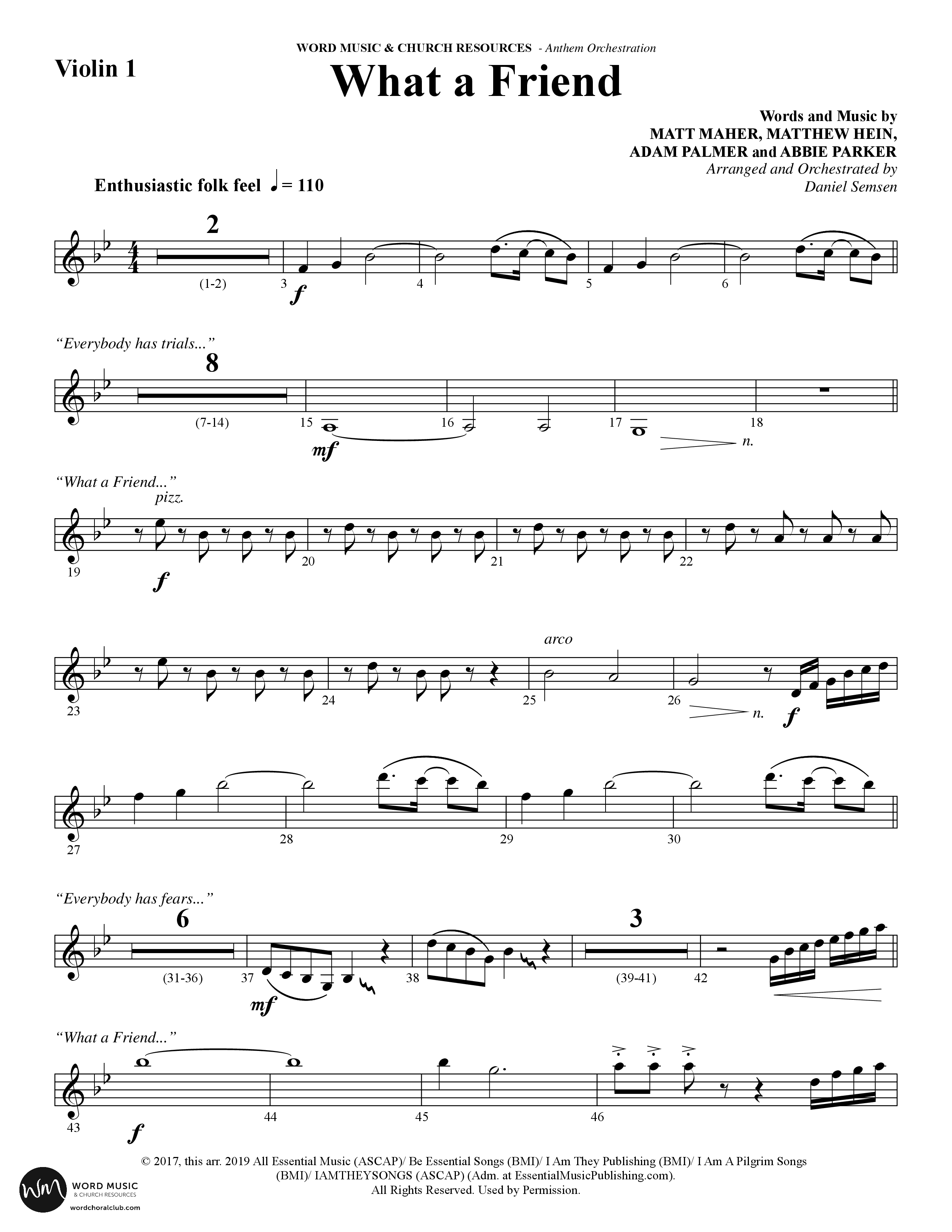 What A Friend (Choral Anthem SATB) Violin 1 (Word Music Choral / Arr. Daniel Semsen)