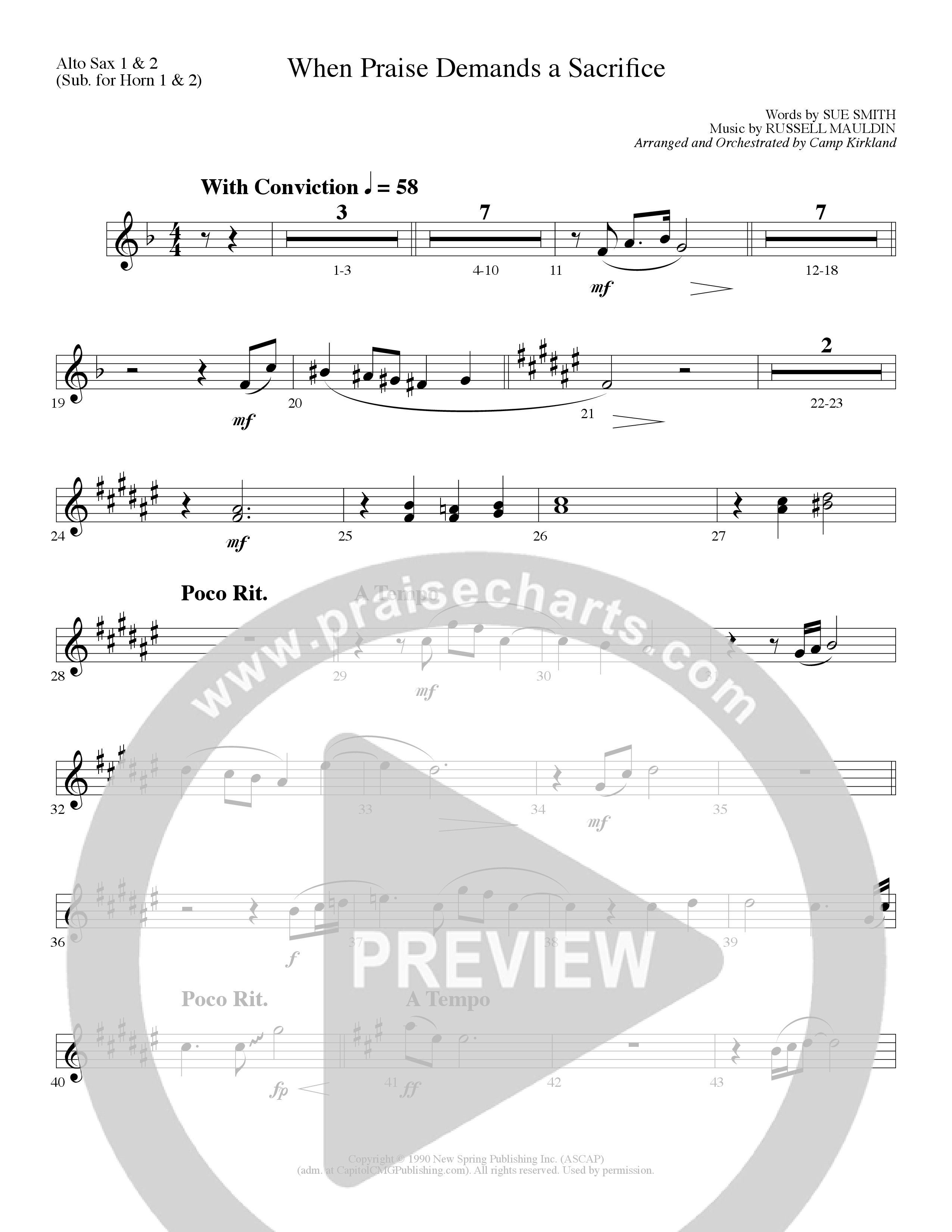 When Praise Demands A Sacrifice (Choral Anthem SATB) Alto Sax 1/2 (Lillenas Choral / Arr. Camp Kirkland)