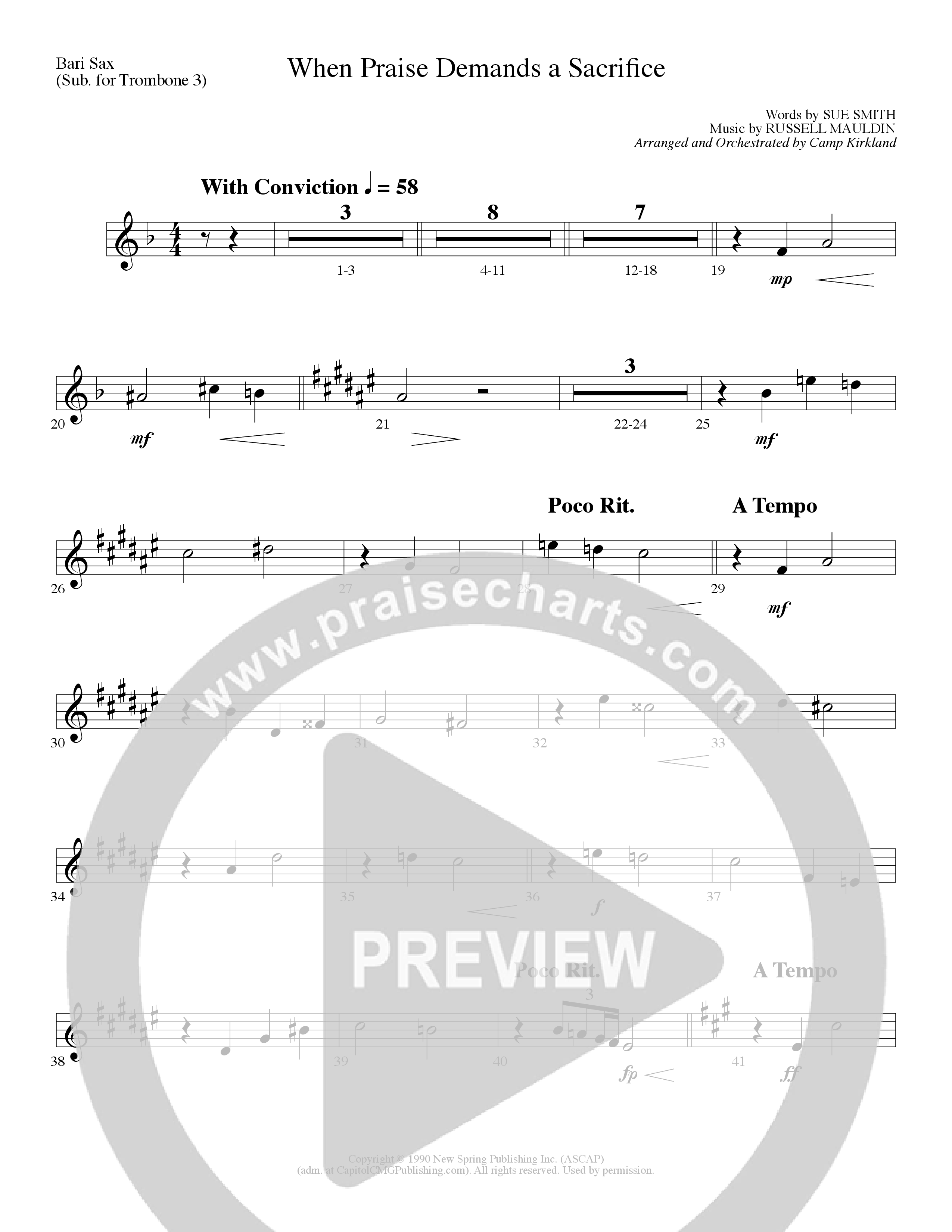 When Praise Demands A Sacrifice (Choral Anthem SATB) Bari Sax (Lillenas Choral / Arr. Camp Kirkland)